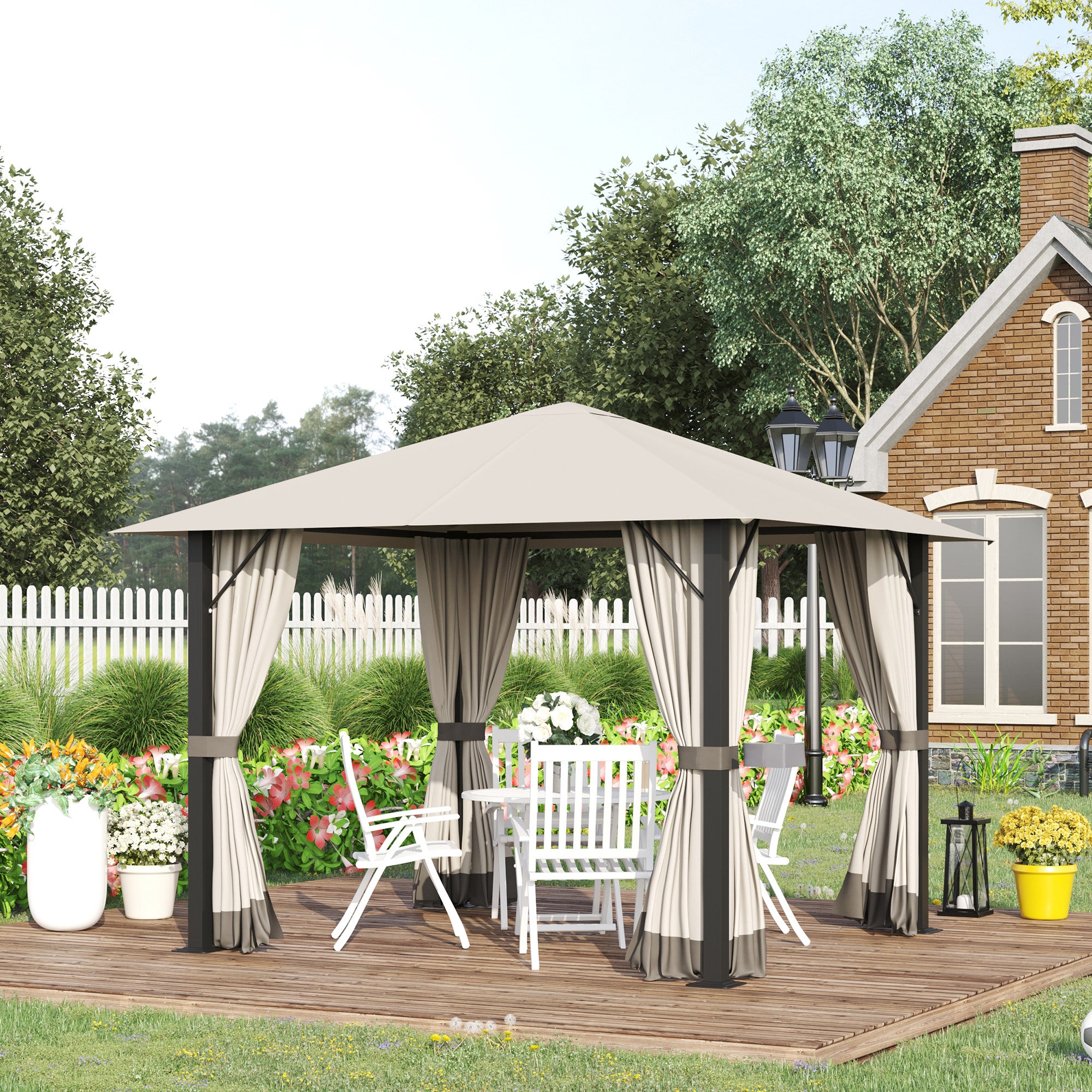 Garden Pavilion 3x3m Weatherproof Rust-Resistant 4 Side Panels Aluminum/Polyester Khaki