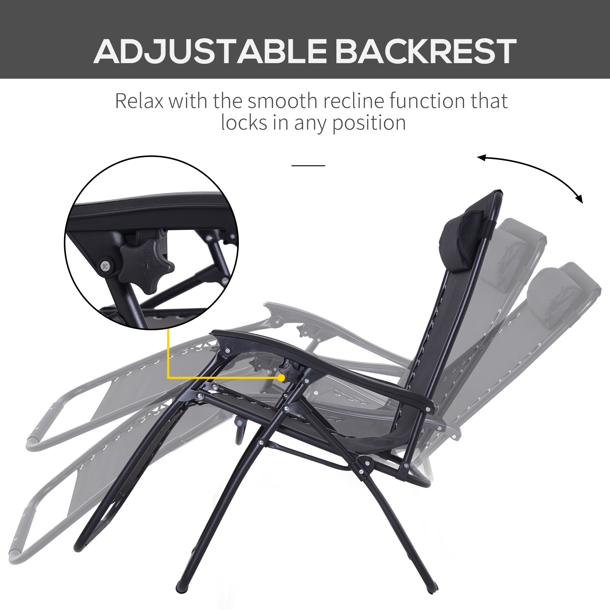 Zero Gravity Chair Folding and Reclining Sun Lounger with Head Pillow, Texteline Black