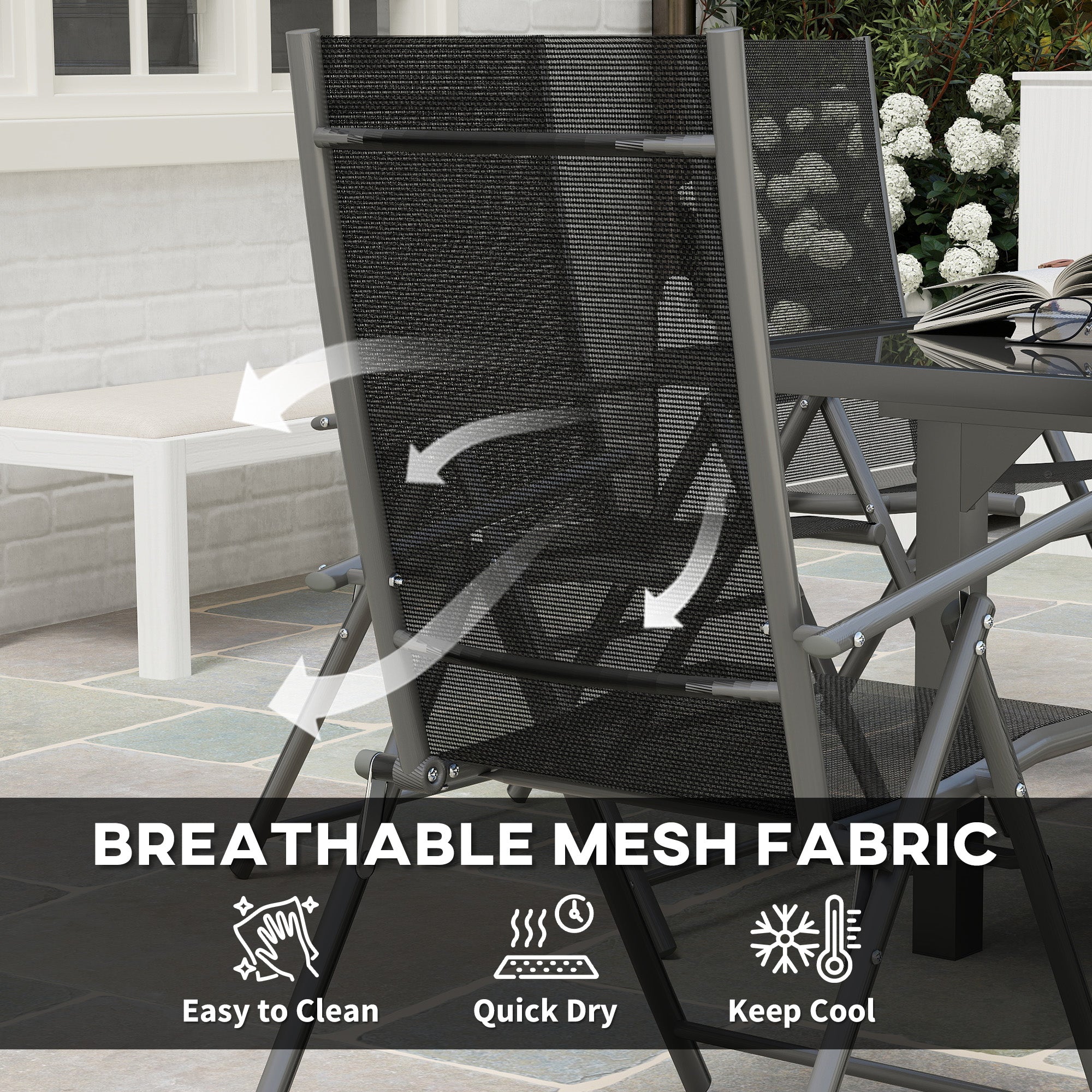 7 Piece Outdoor Dining Set with Extendable Table and 6 Folding Chairs, Grey Steel