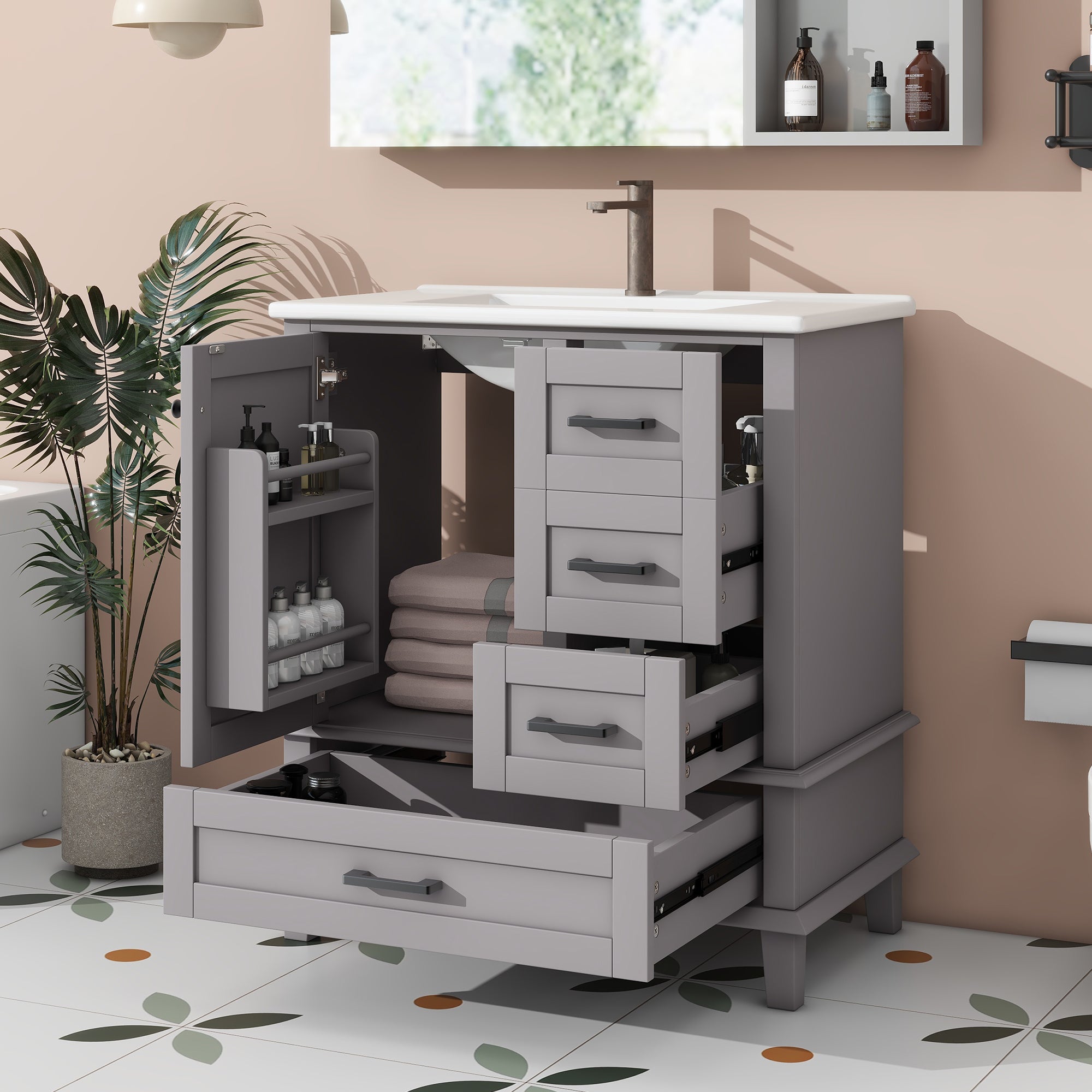 Bathroom Vanity Unit with Ceramic Sink and Silent Storage Drawers, Grey