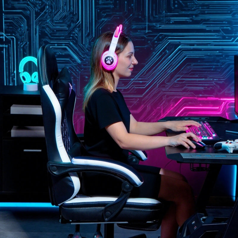 Gaming Chair with Footrest, Headrest & Cushion, Swivel, Adjustable Height Faux Leather Black and White