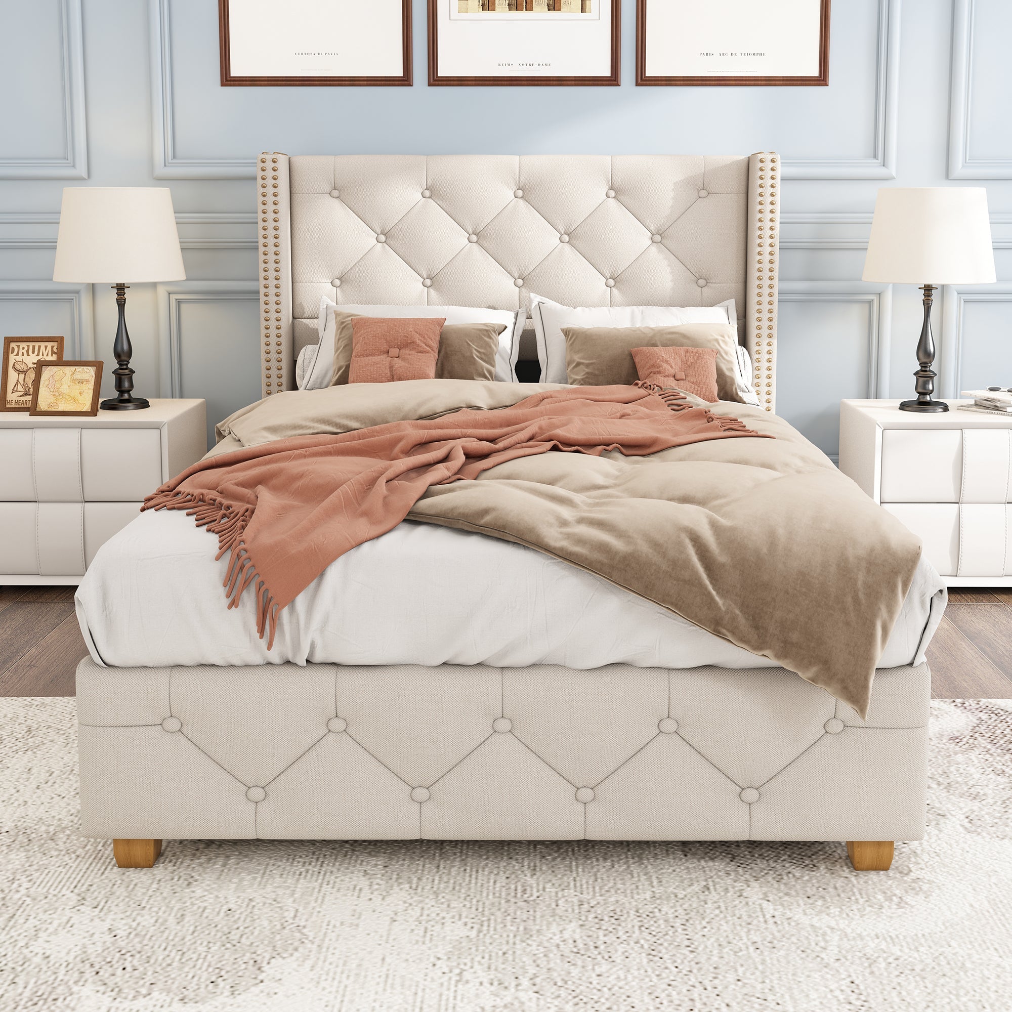 Upholstered Bed, Single Bed-3ft(90*190cm) with Slatted Frame and Headboard, Button Upholstery, Rivet Upholstery, Wooden Legs, Linen, Beige
