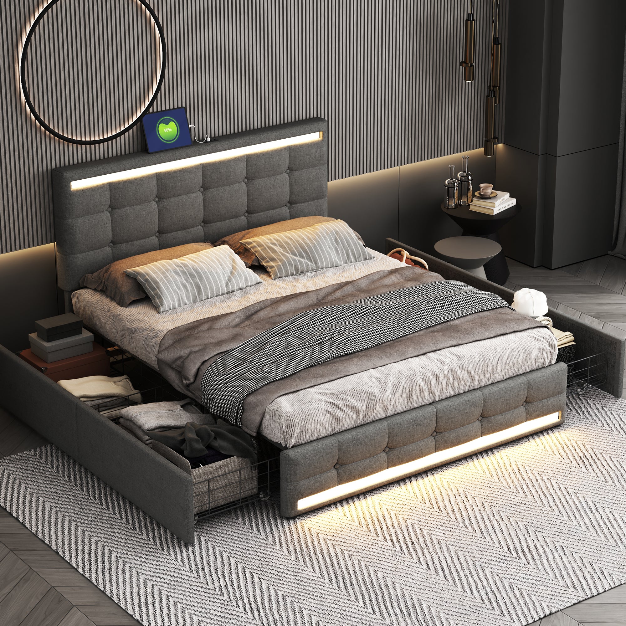 Upholstered Bed 140x200, LED, 4 Drawers, 2 USB Charging Stations, Linen Fabric Gray