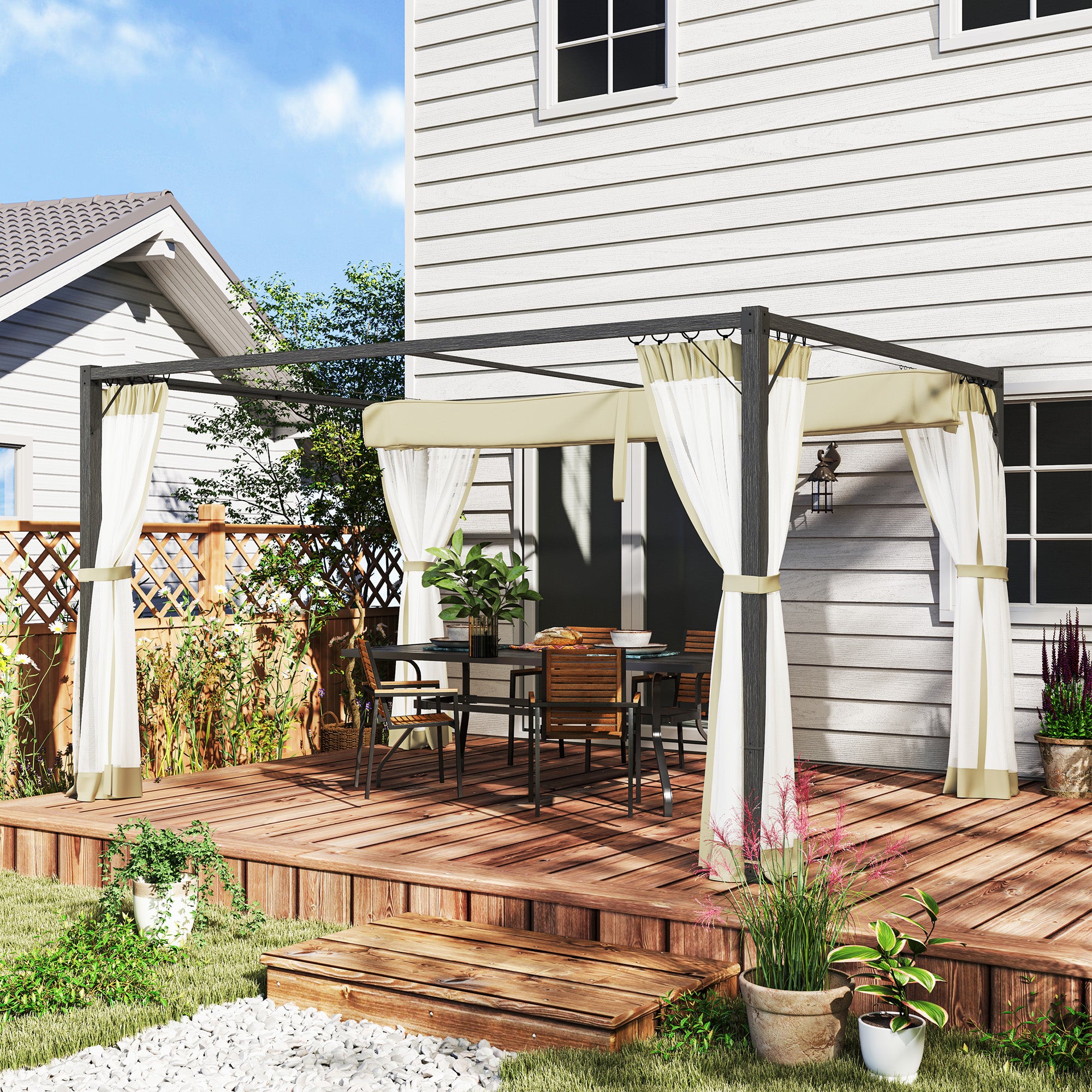 3 x 4m Pergola with Retractable Roof, Aluminium Frame - Khaki