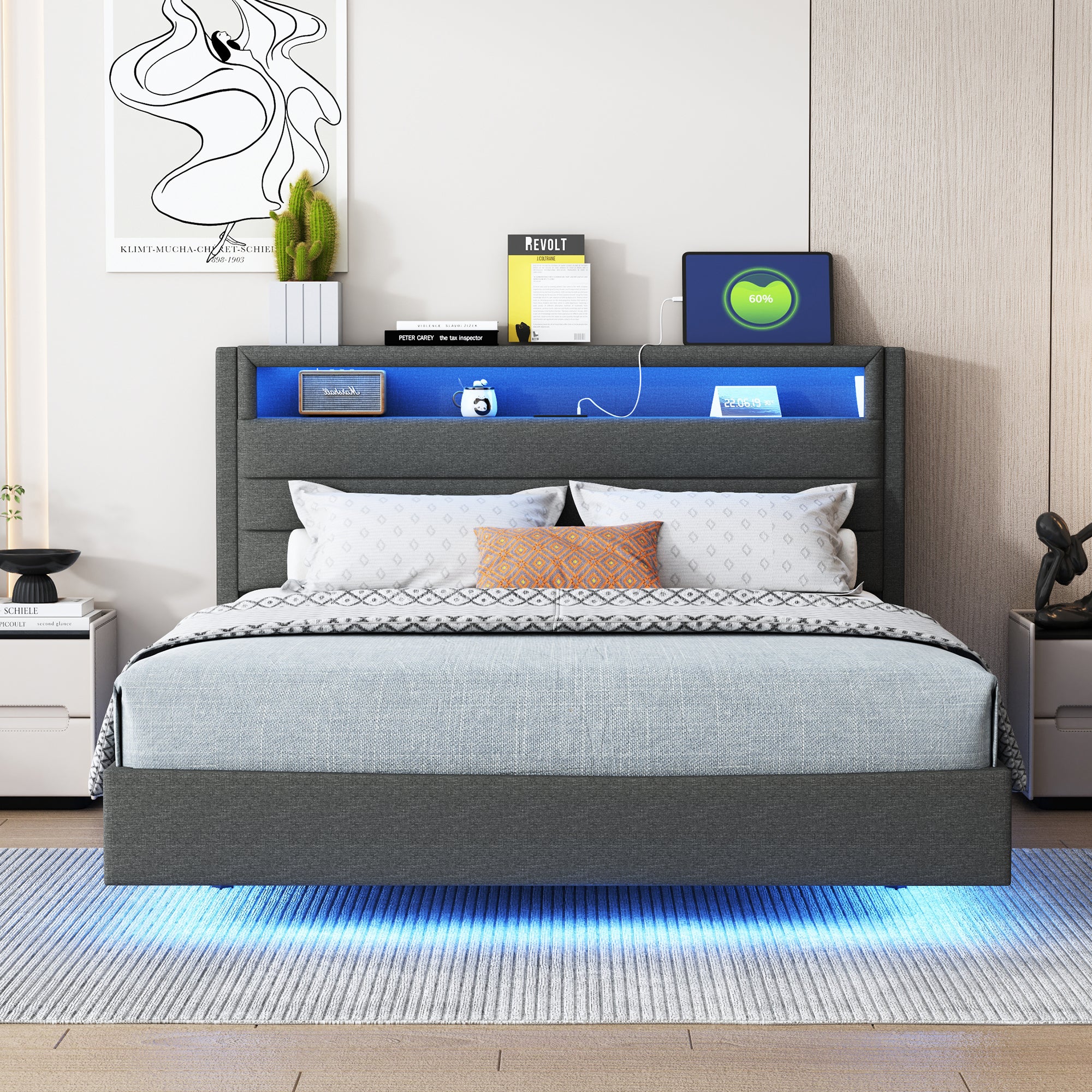 Upholstered Bed 140x200cm, USB & LED, Reversible Headboard, Linen Fabric Grey