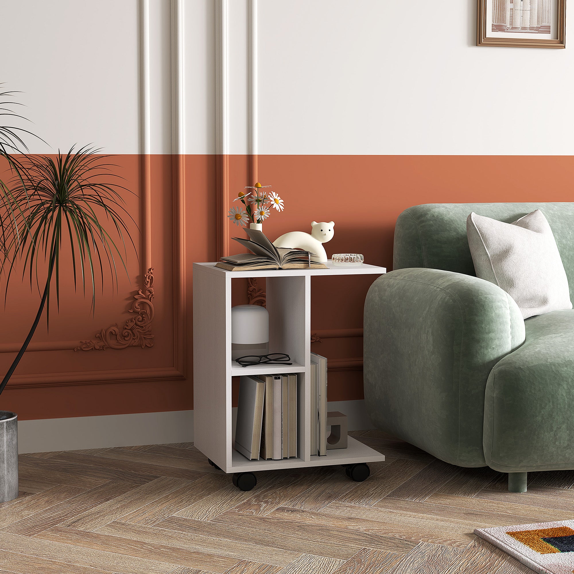 C-shaped Side Table Portable with Wheels 45 x 35 x 58 cm, White