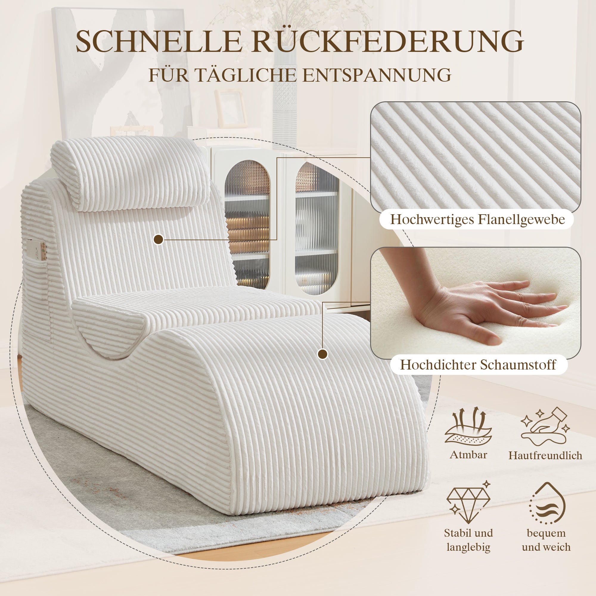 Modern Leisure Chair with Ergonomic Compression Foam and Side Pocket, Beige