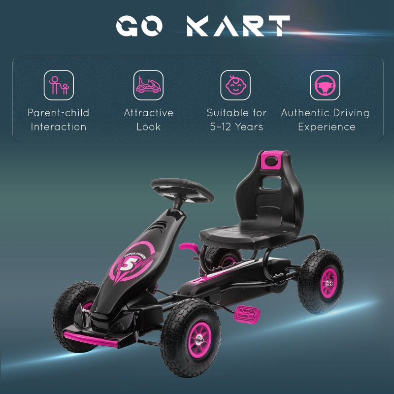 Kids Pedal Go Kart, Adjustable Seat, Inflatable Tyres - Pink