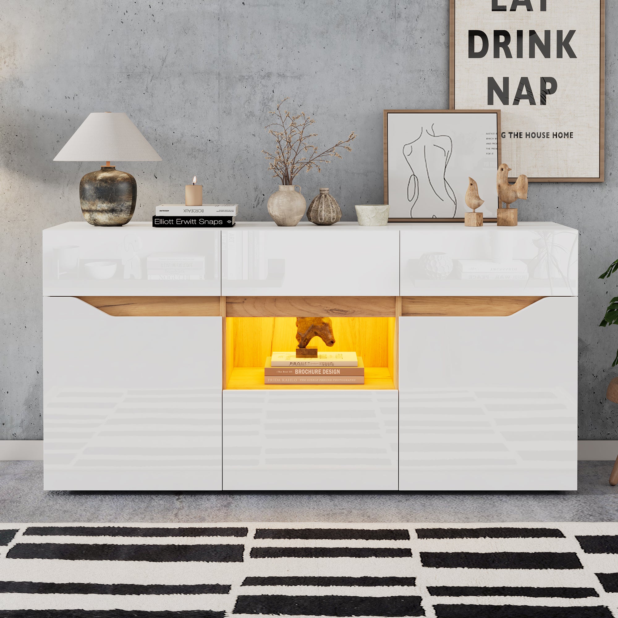 Living Room Sideboard, 4-Drawer Cabinet with LED Lighting, White & Wood