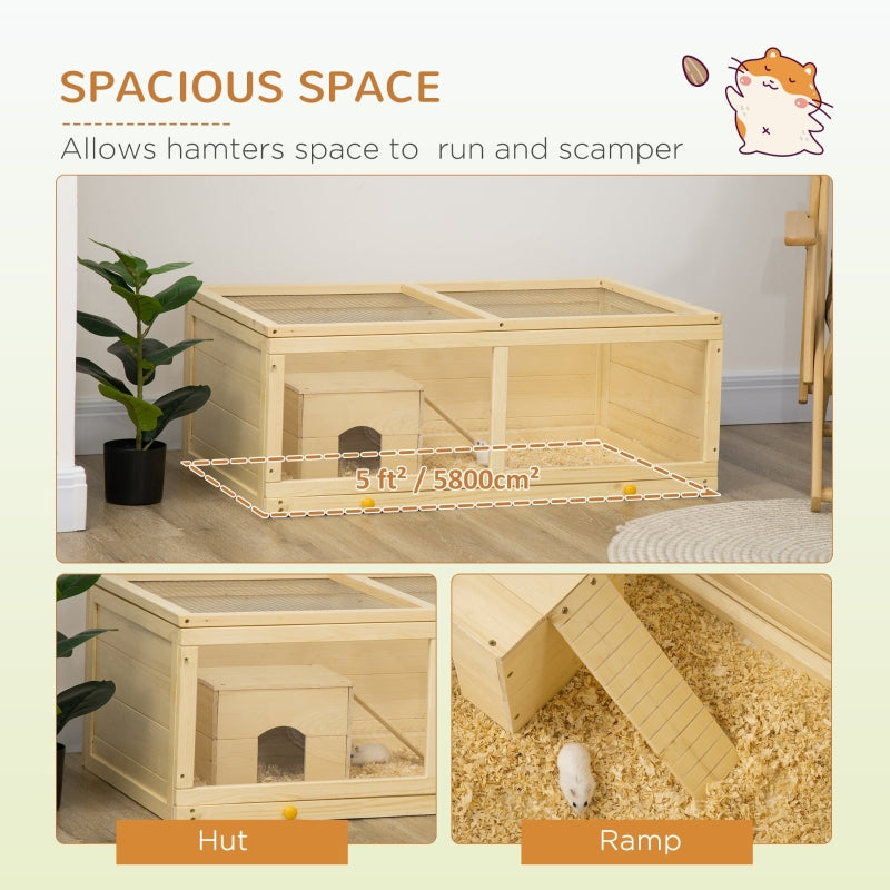 Wooden Hamster Cage with Sliding Tray, Openable Top, Hut, Natural Wood