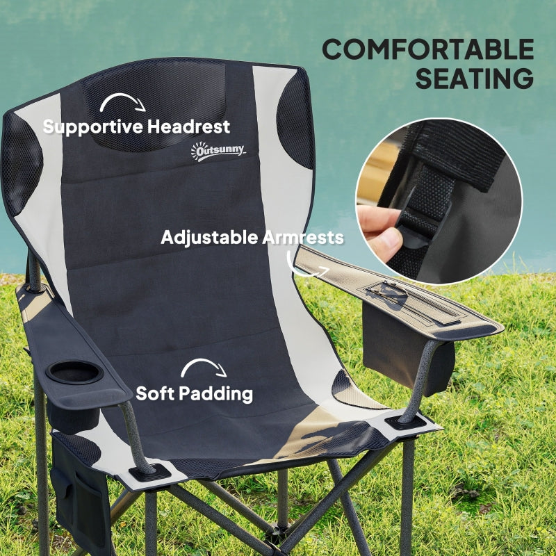 Set of 2 Folding Camping Chairs, Padded with Cooler Bag, Cup Holder, Black