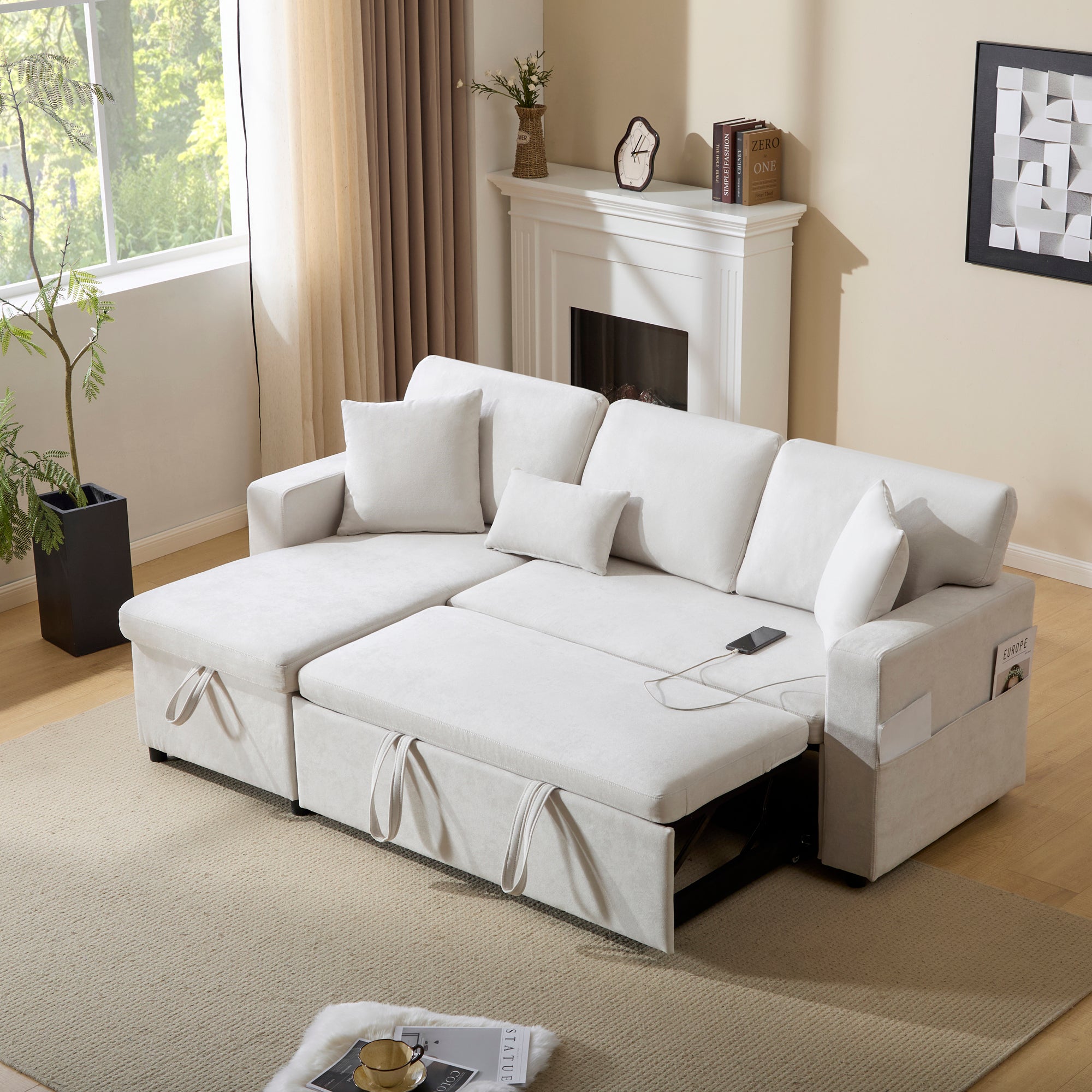 Corner Sofa Bed L-Shaped Extendable with Storage, Beige