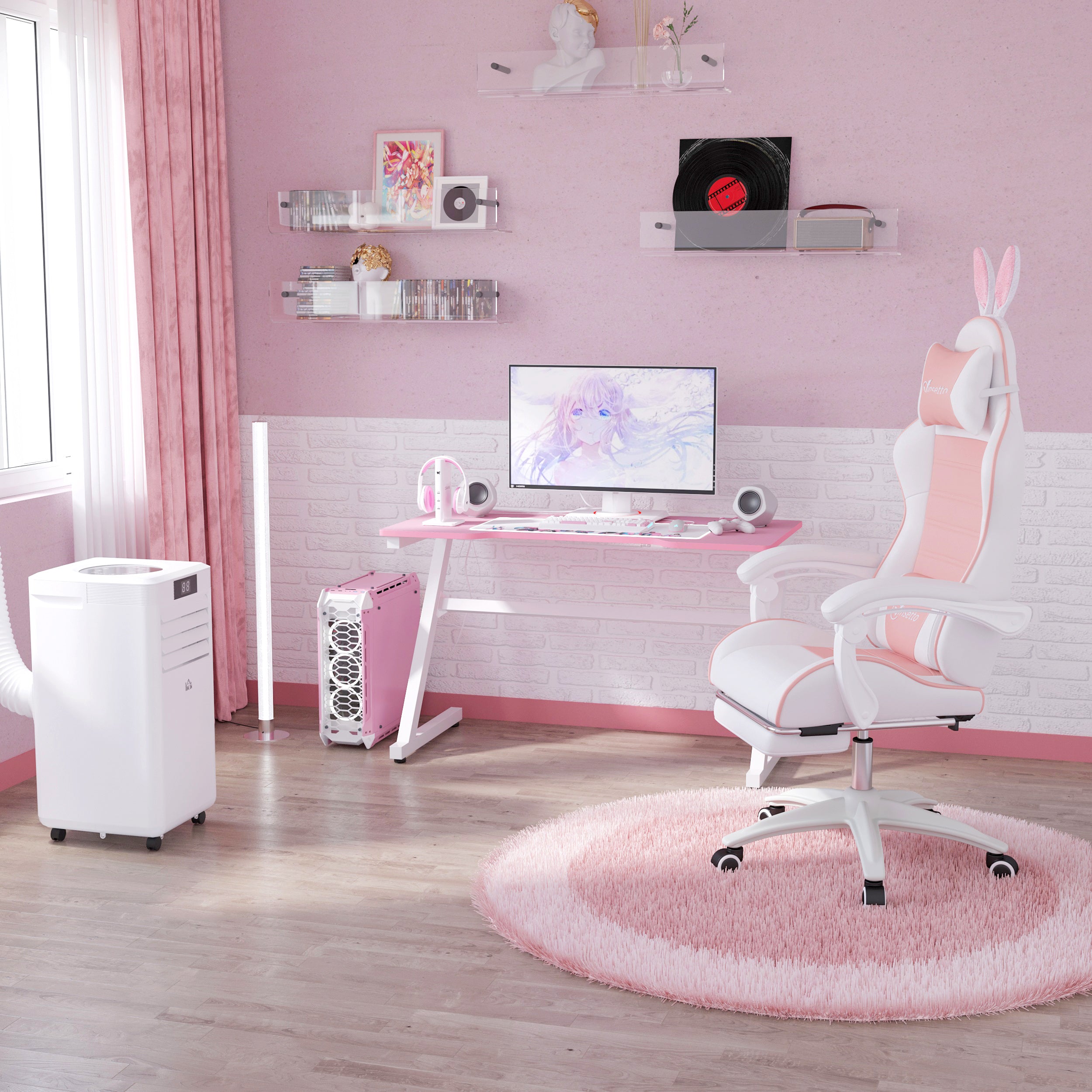 Racing Gaming Chair Reclining with Rabbit Ears Footrest Pink PU Leather
