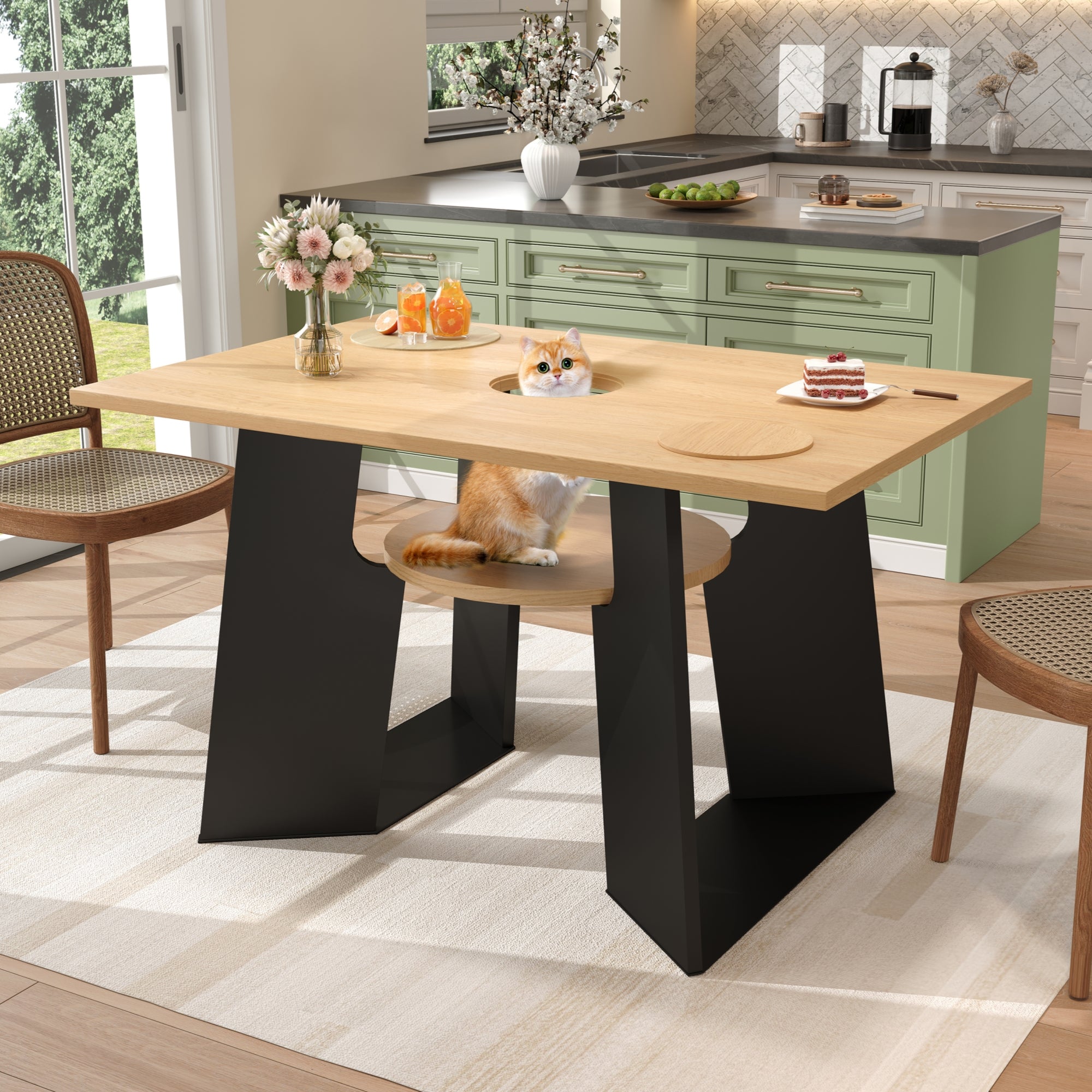 Pet-Friendly Dining Table 6 Seater Pet Area Shelf - Natural Wood/Black Mix
