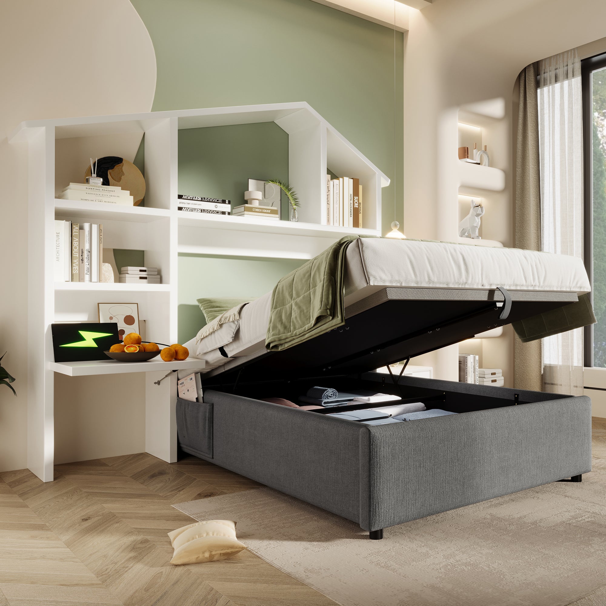 Children's Upholstered Bed, 90x200 cm, with Bookcase, Hydraulic Storage, USB-C, Single, Grey Linen