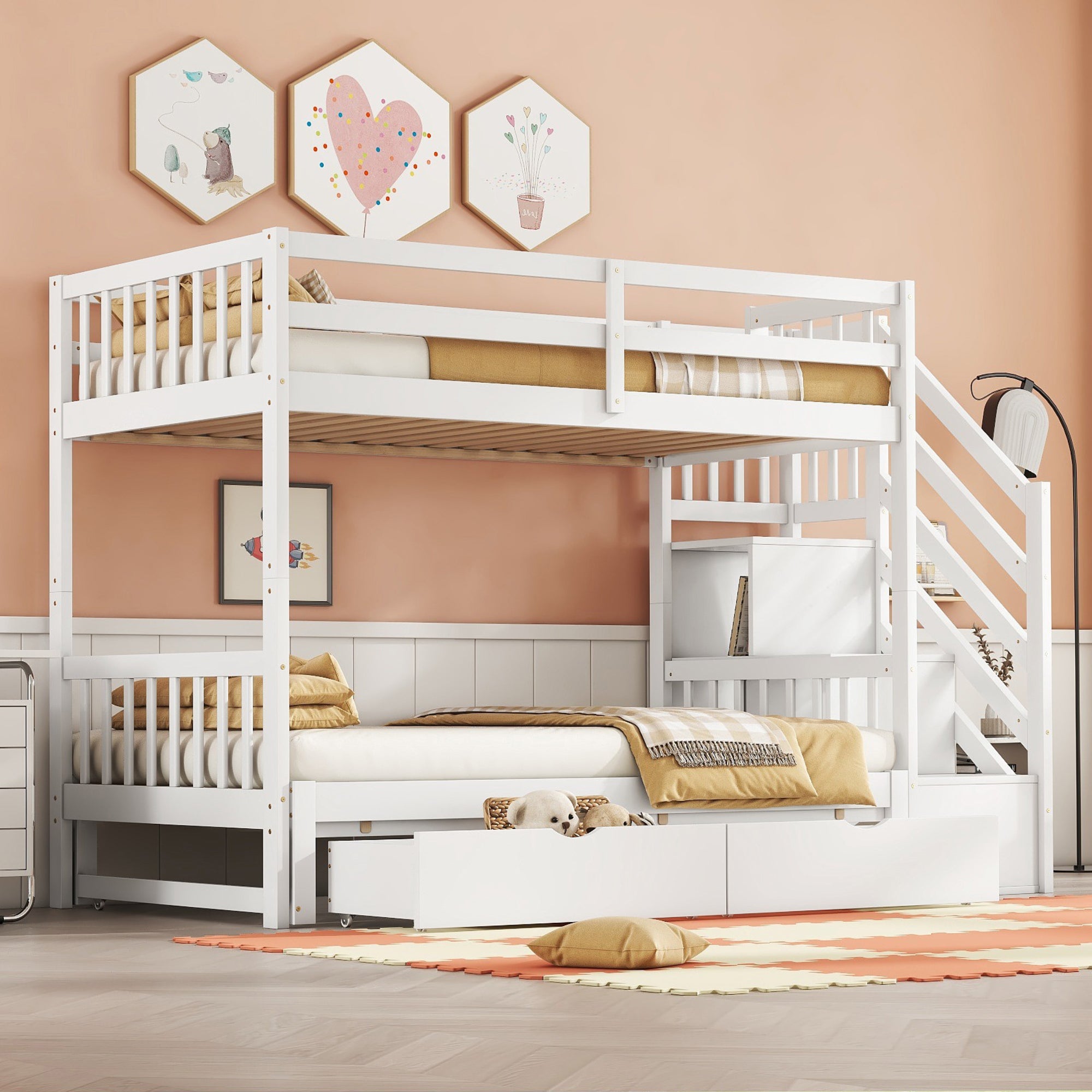 Bunk Bed 90x200cm, Pull-Out Bed, Stowable Steps, 2 Drawers, Pine Wood, White