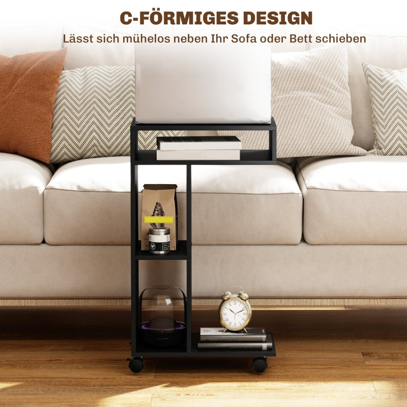 C-Shaped Serving Trolley 40x30x69cm 4 Wheels 3 Compartments - Black