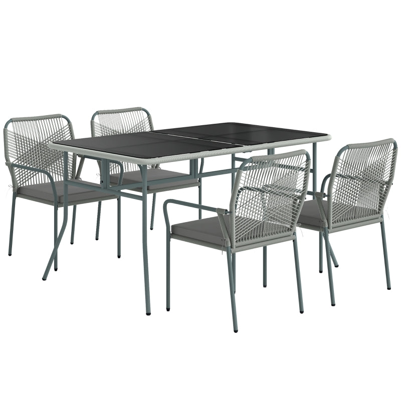 Five-Piece PE Rattan Garden Dining Set with Cushions & Stackable Chairs - Light Grey