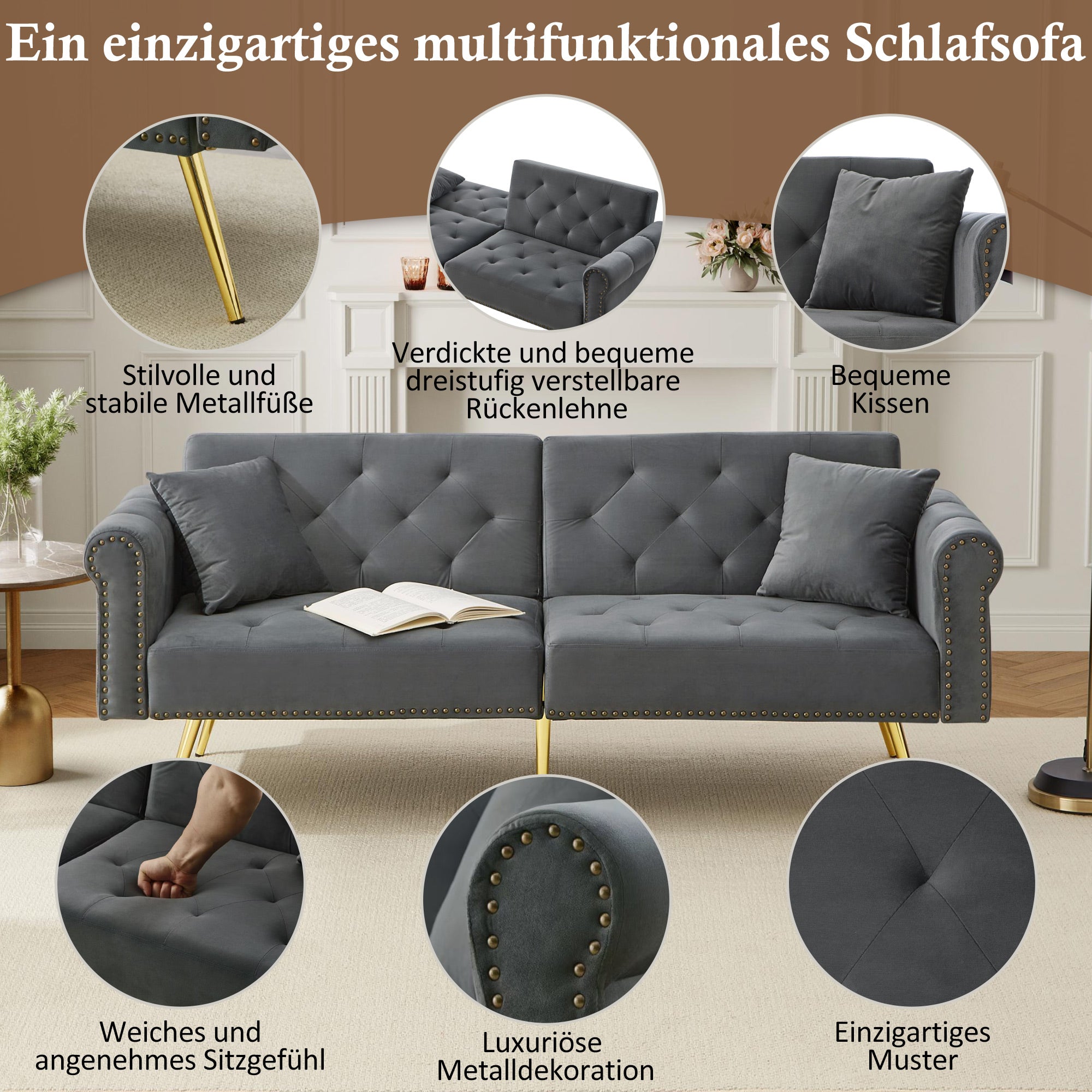 Sofa Bed, Modern 2-Seater with 3-Level Adjustable Backrest, Velvet