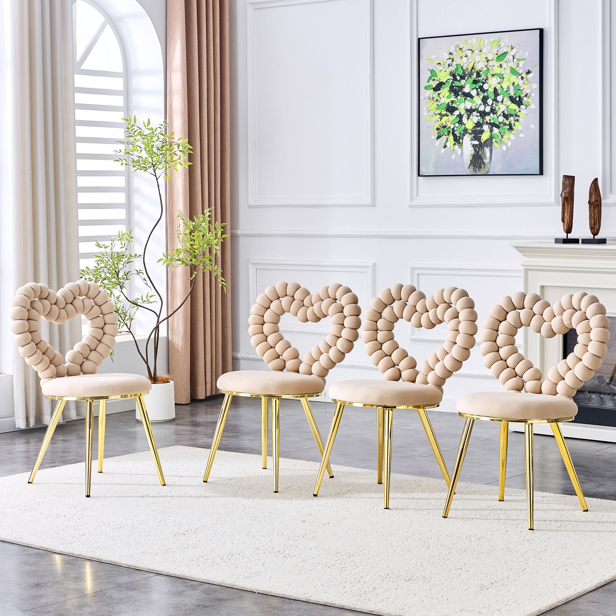 Dining Chairs (Set of 2), Heart-Shaped Cutout Backrest, Gold-Plated Legs, Light Beige Velvet