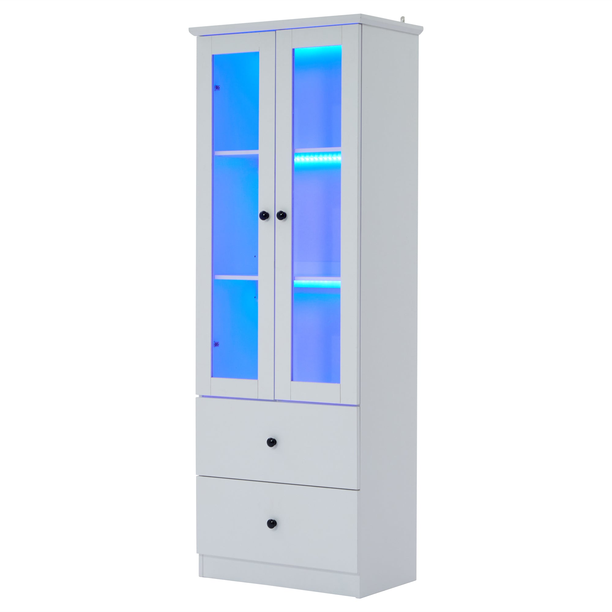 Modern LED Display Cabinet, 165cm, USB Port, 2 Drawers, Hinged Doors, Matte White MDF