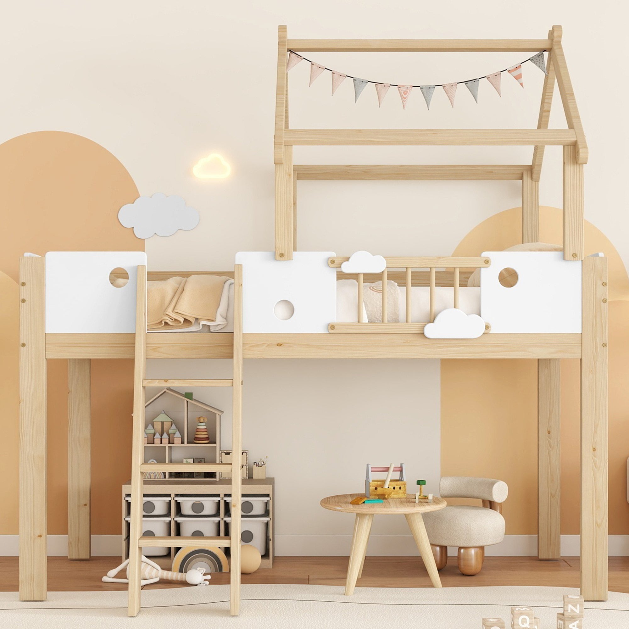 Loft Bed, Children's with Fall Protection & Rails, Roof Design, 3-Step Ladder, Pine+MDF+Plywood, White+Natural