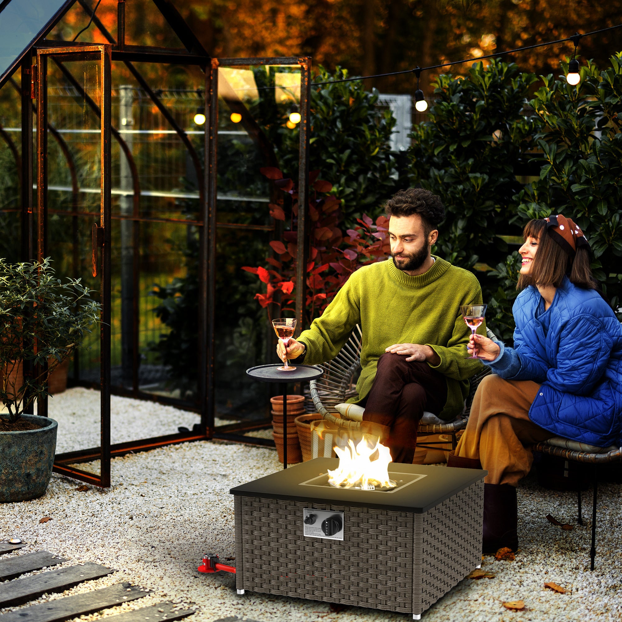 Rattan Gas Fire Pit Table, 13 KW Smokeless Propane Square Coffee Table with Lid, Grey