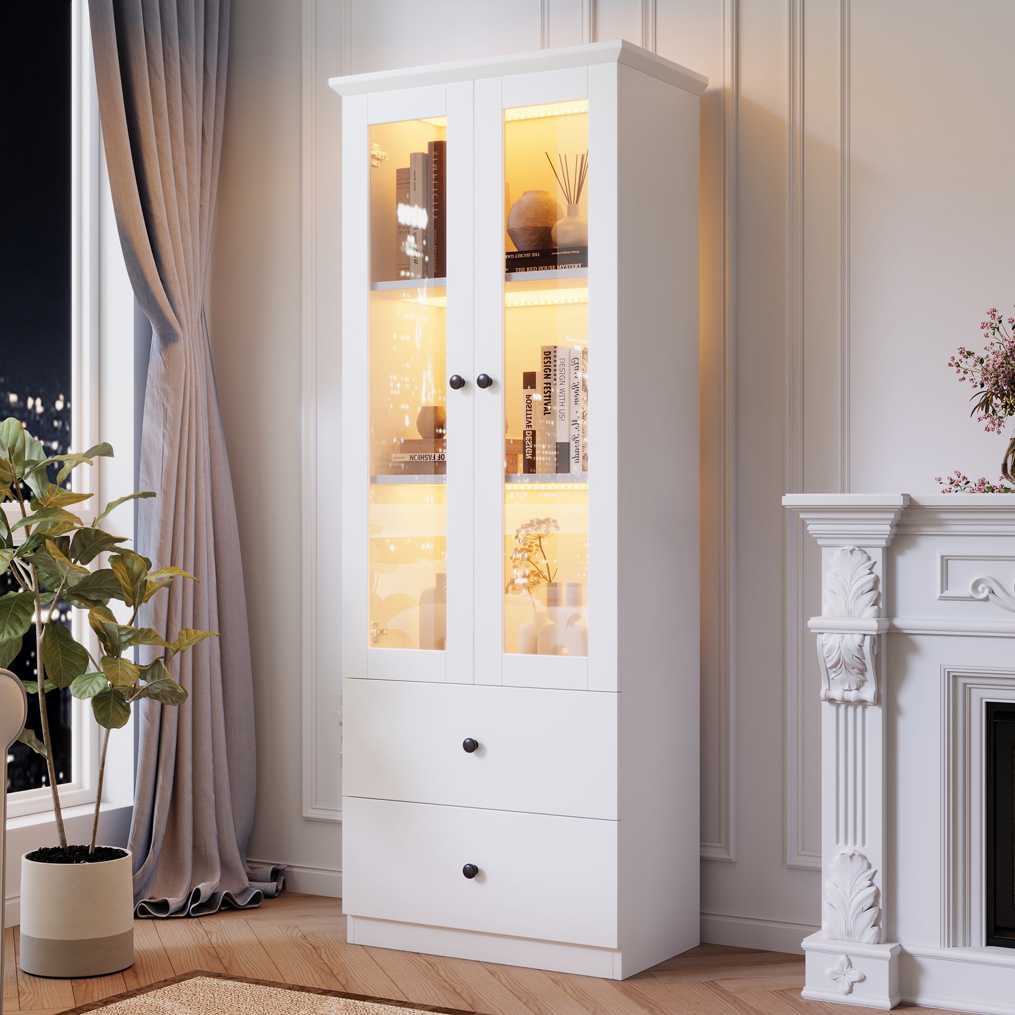 Modern LED Display Cabinet, 165cm, USB Port, 2 Drawers, Hinged Doors, Matte White MDF