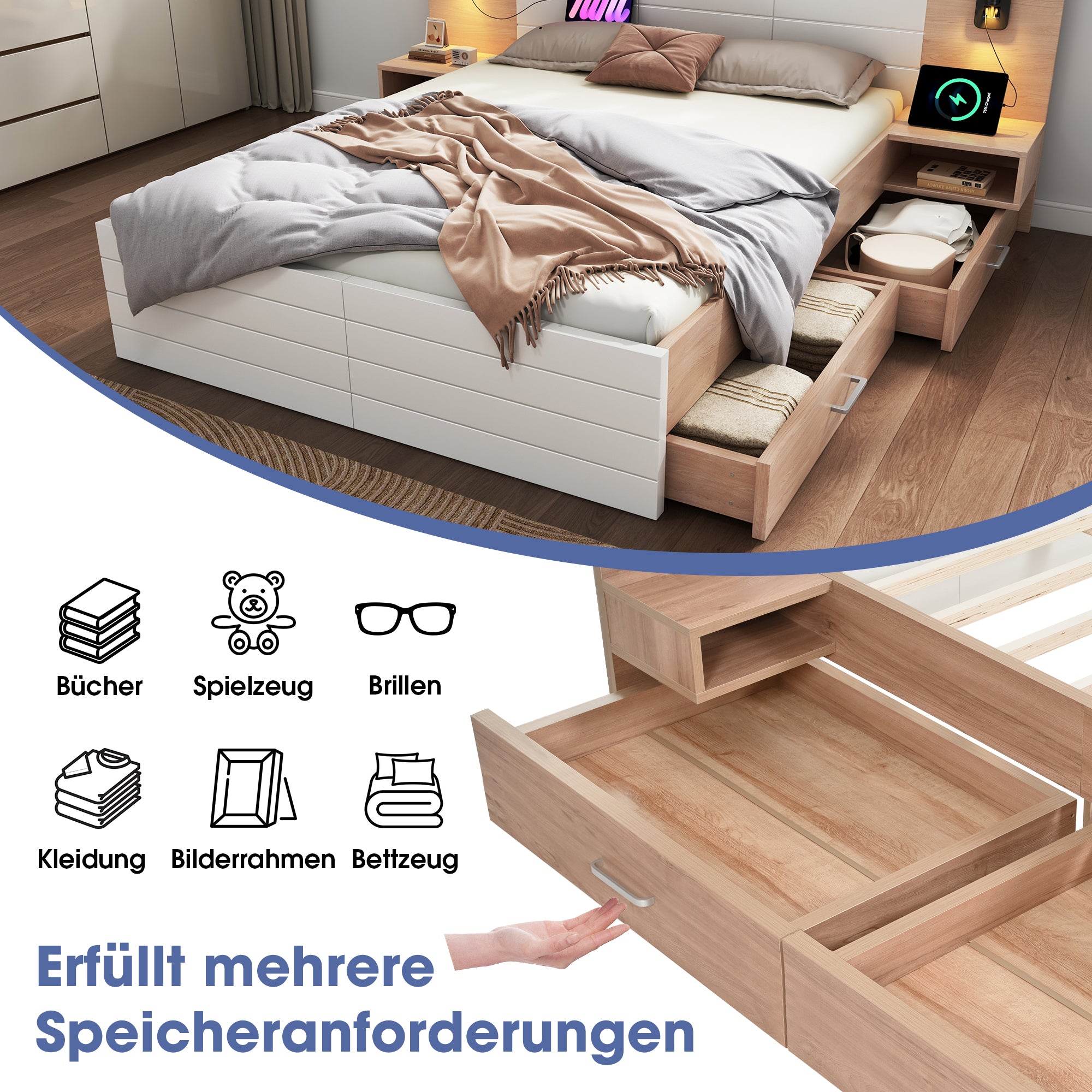 Double Wooden Bed, 160x200cm, 2 Drawers, USB, Oak/White