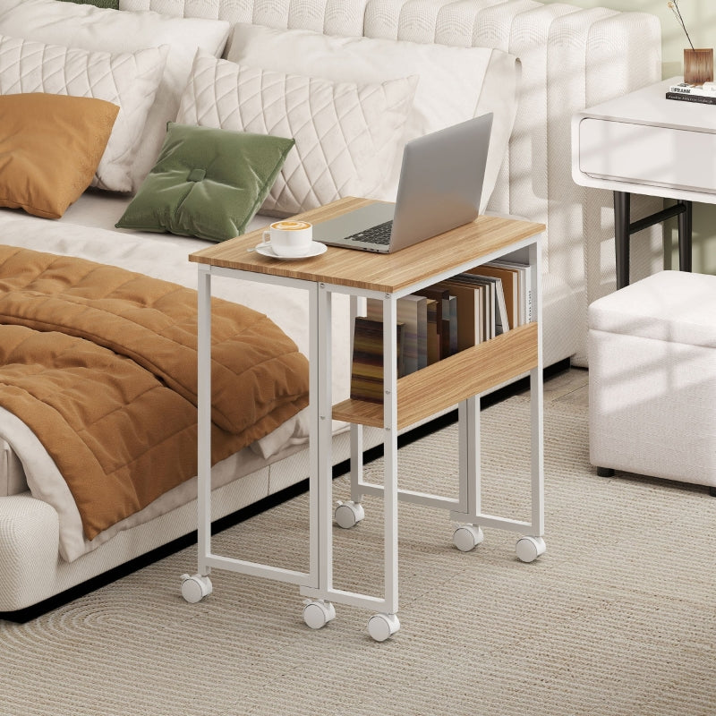 Folding Desk small 63 cm with wheels, shelf, storage bag, natural