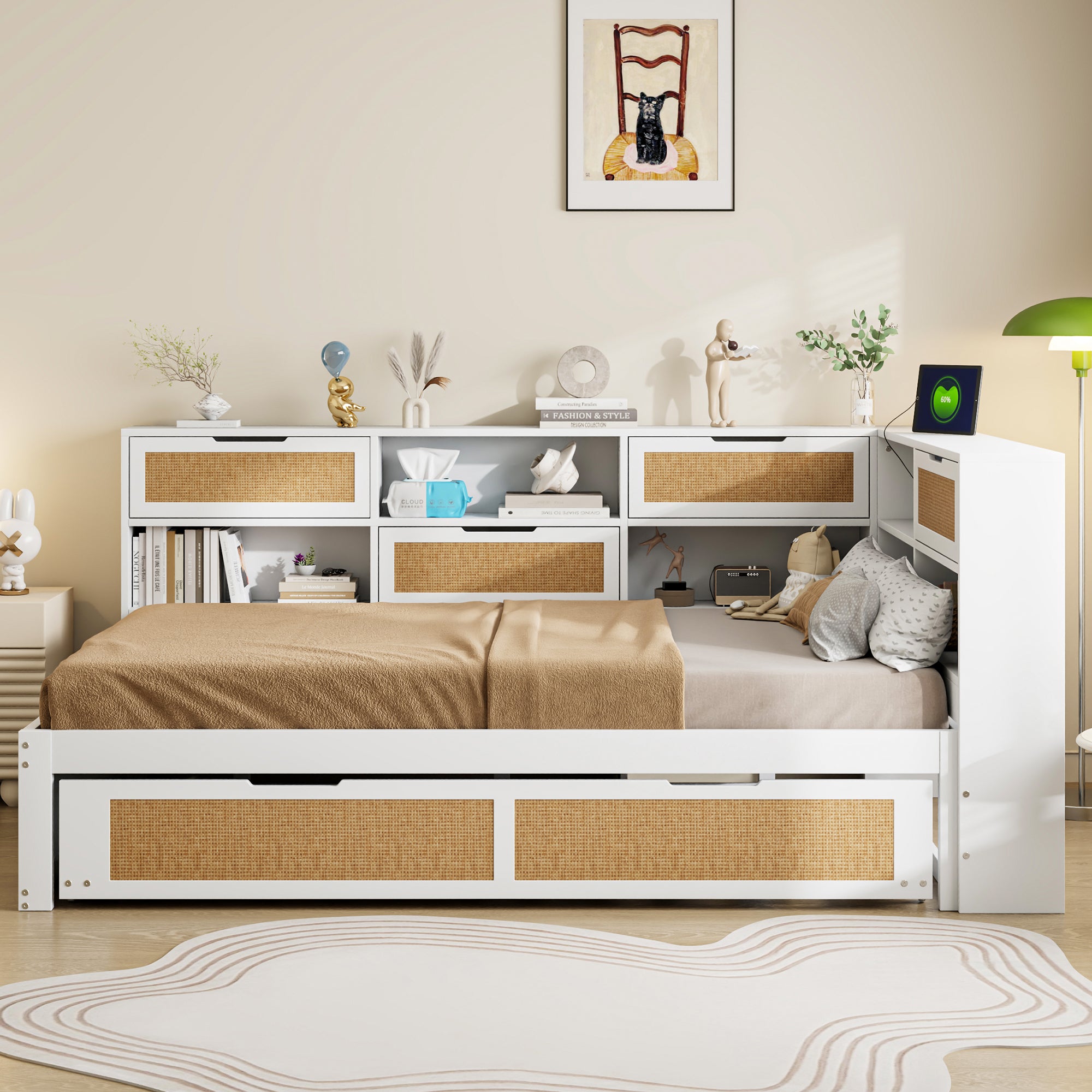 Sofa Bed, 140*200 Multifunctional with Pull-out & Storage, Wooden White