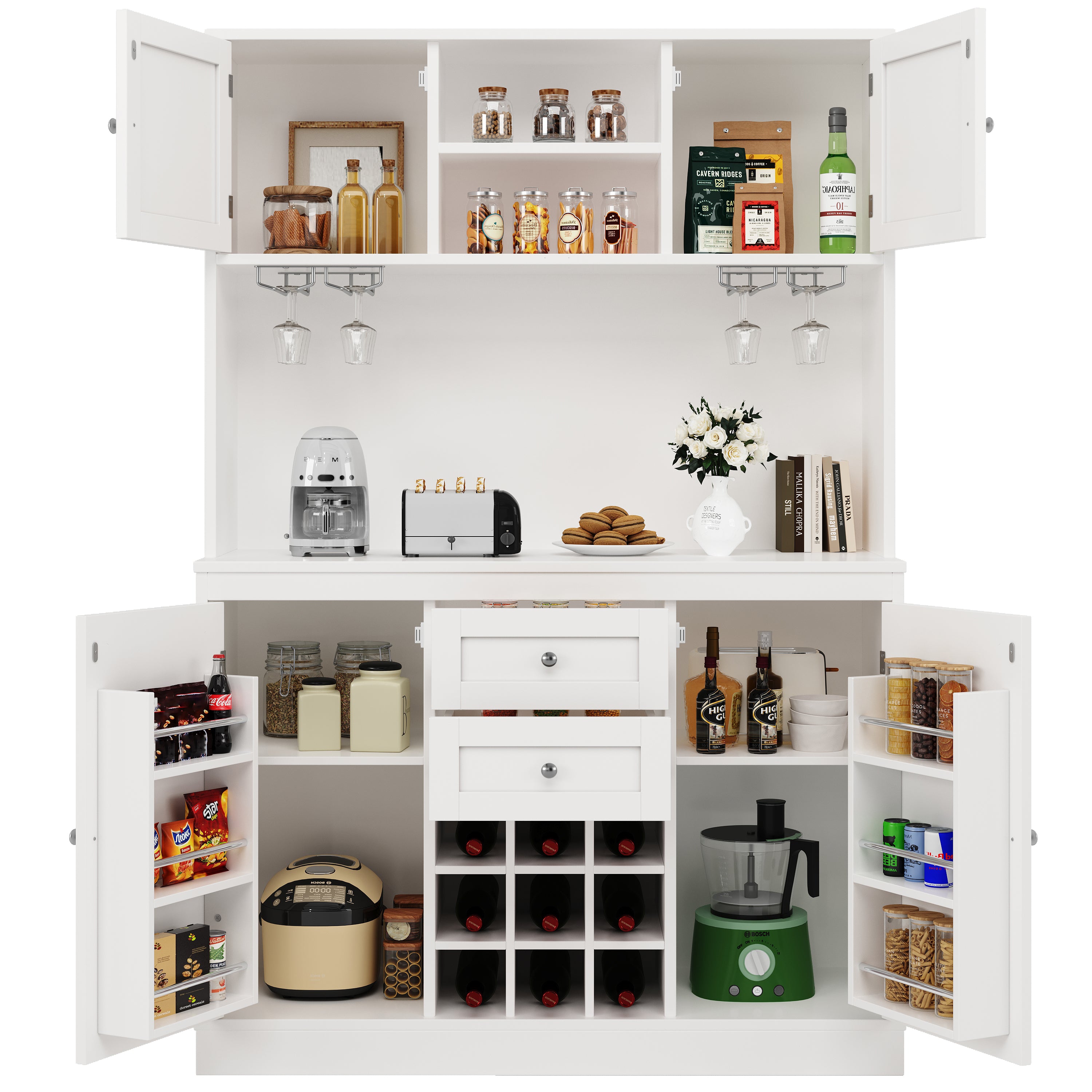 Tall Kitchen Cabinet Buffet Wine Rack Adjustable Shelves 4 Doors 2 Drawers - White