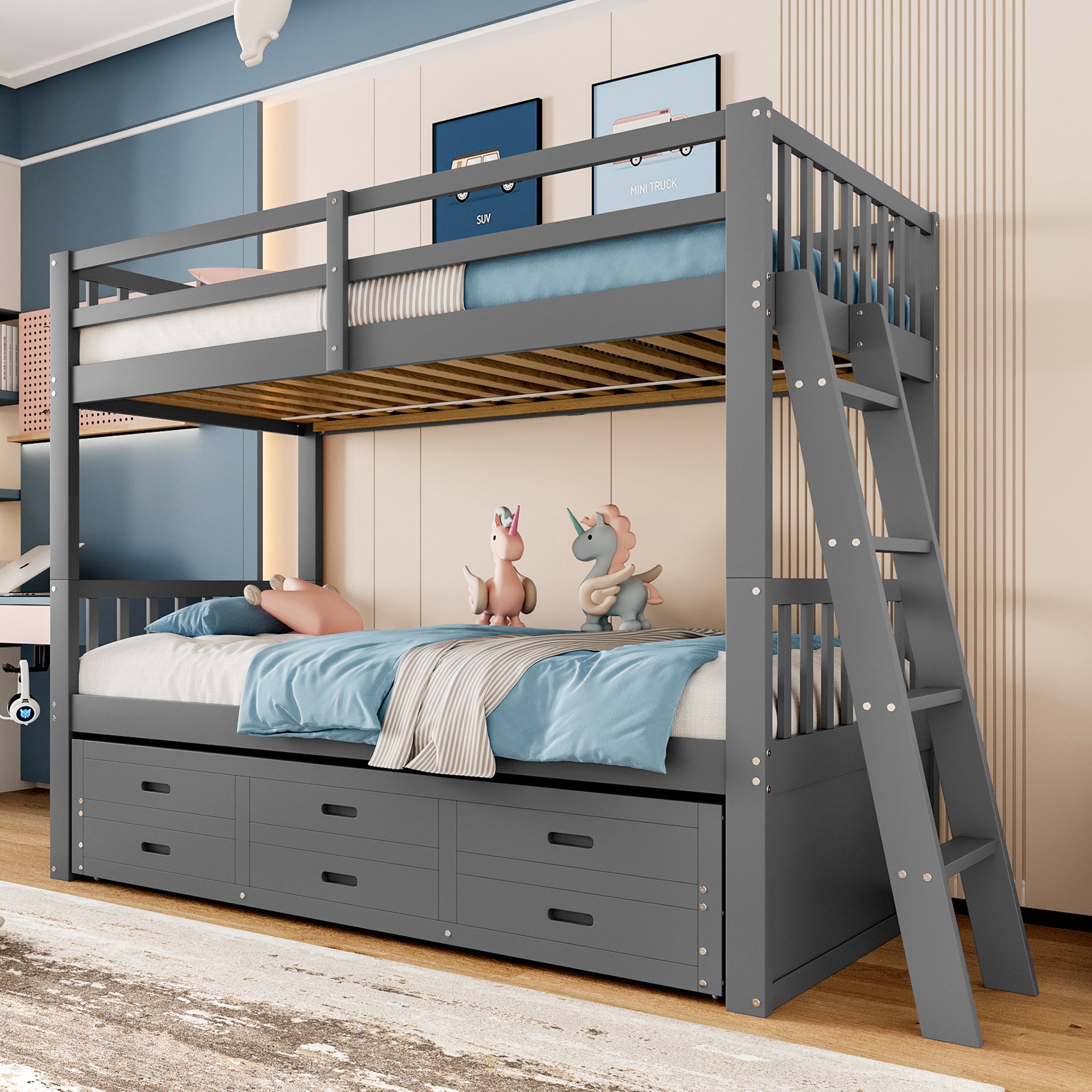 Bunk Bed 90x200cm House with Pull-Out Bed, Ladder & 3 Drawers, Pine Wood/MDF Grey