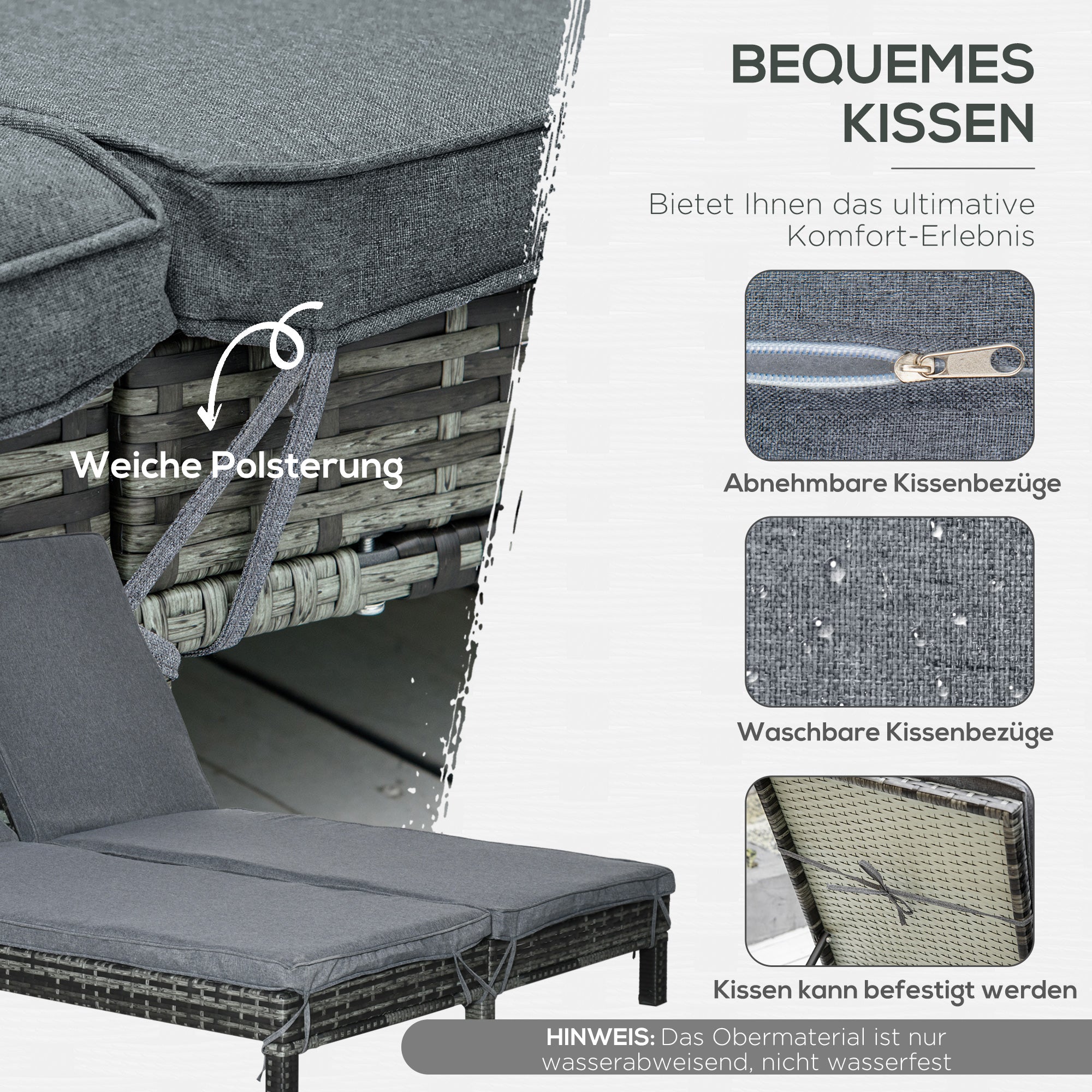 Polyrattan Sun Lounger 2-Person Relax Lounger 5-Position Backrest, Metal & PE Rattan