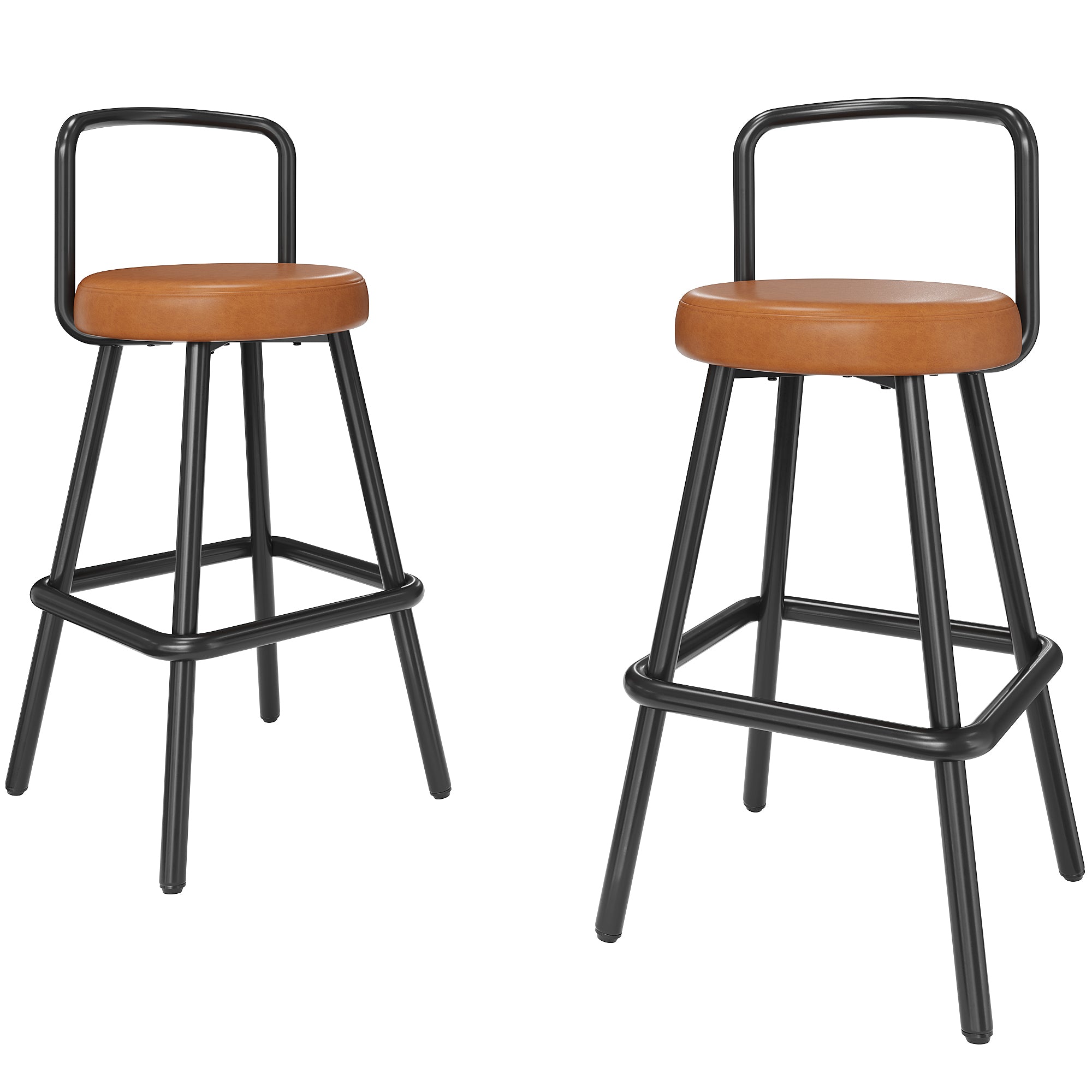 Modern Bar Stools Set of 2 with Ergonomic Backrest and Footrest, PU Leather and Iron, Brown