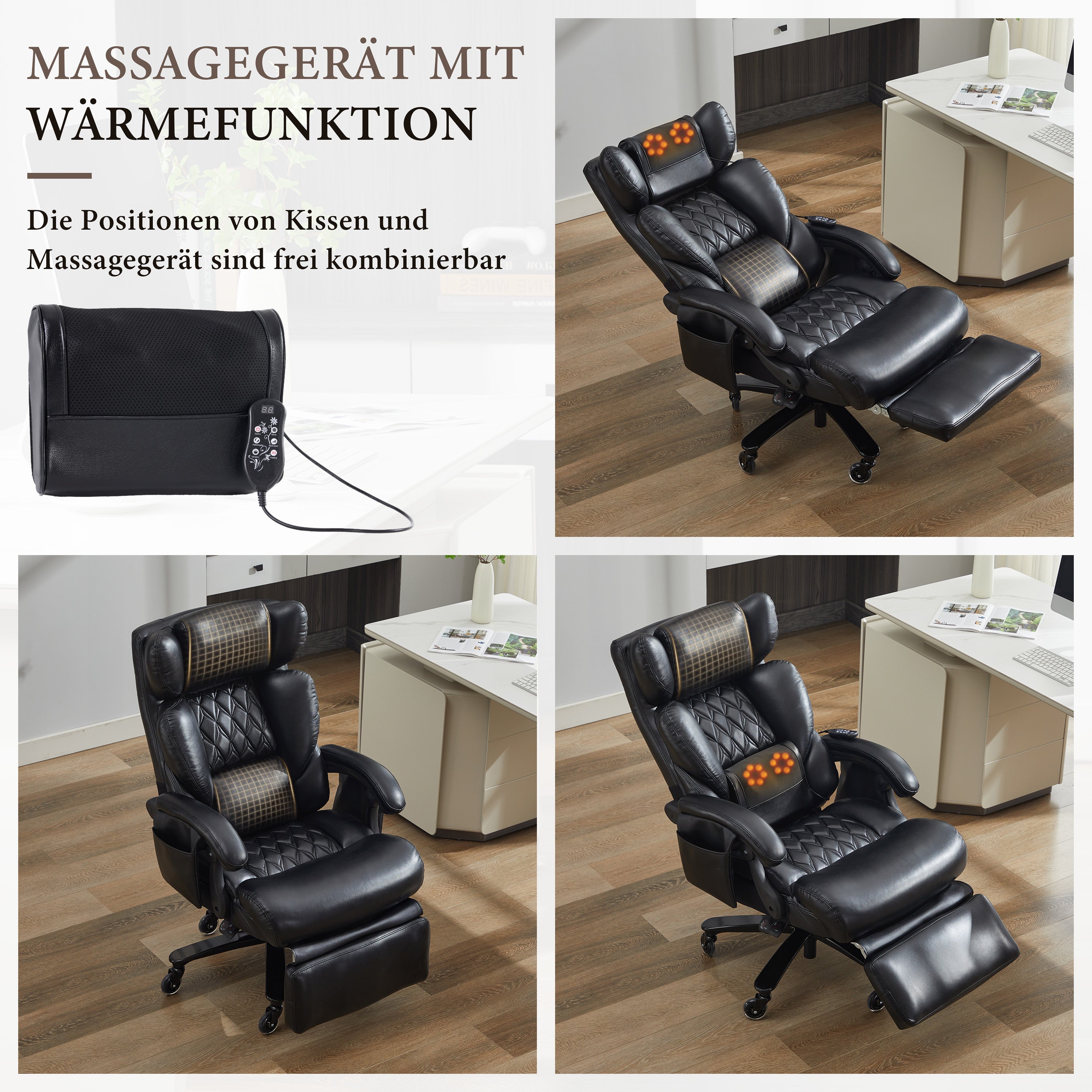 XXL Executive Office Chair - Massage Heat Footrest Adjustable Backrest 150kg - PU Leather Black