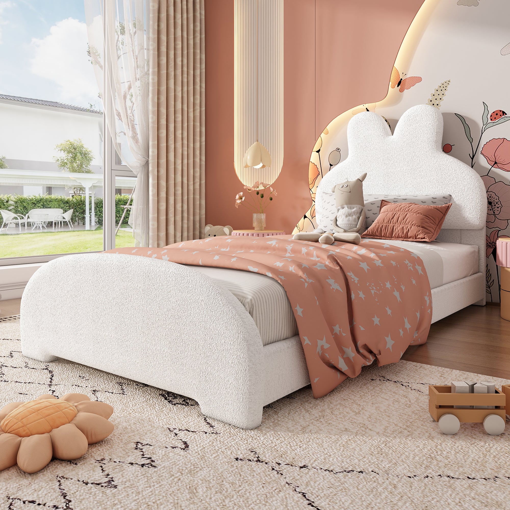 Single Bed Upholstered, Rabbit Ear Headboard, Imitation Fleece, White