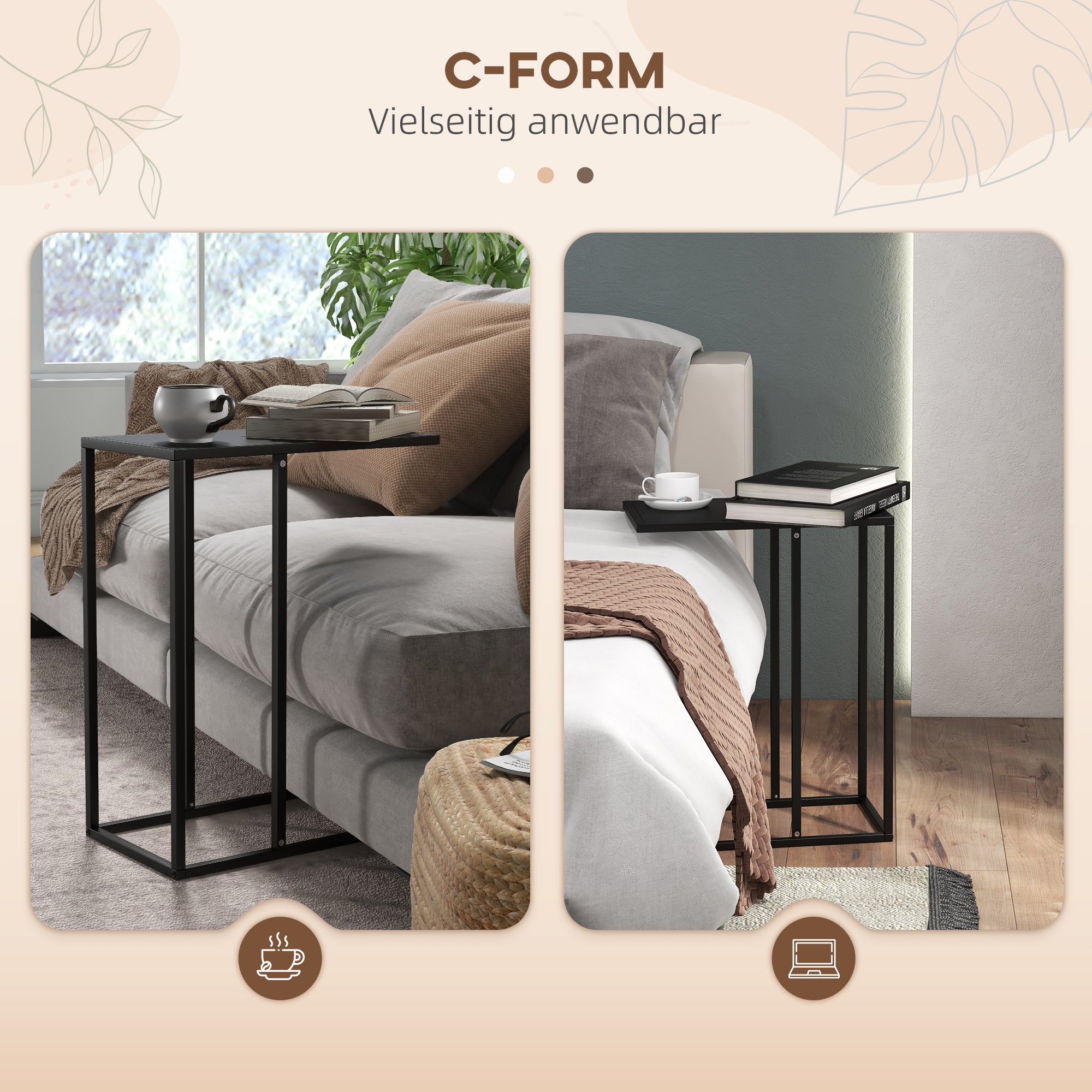 Side Table C-Shaped Laptop Bedside with Steel Frame, Black