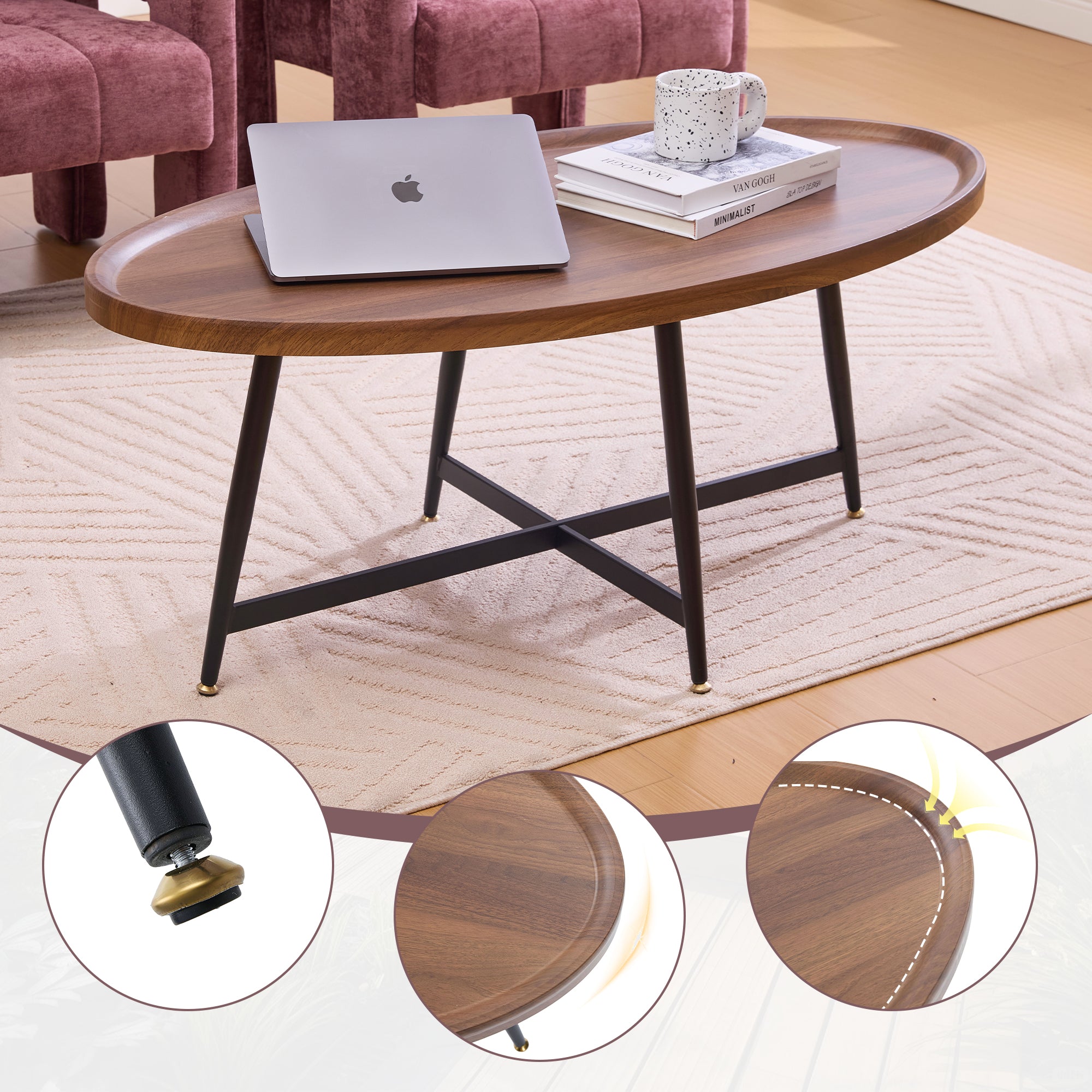 Oval Coffee Table Modern Minimalist Wood Metal Frame
