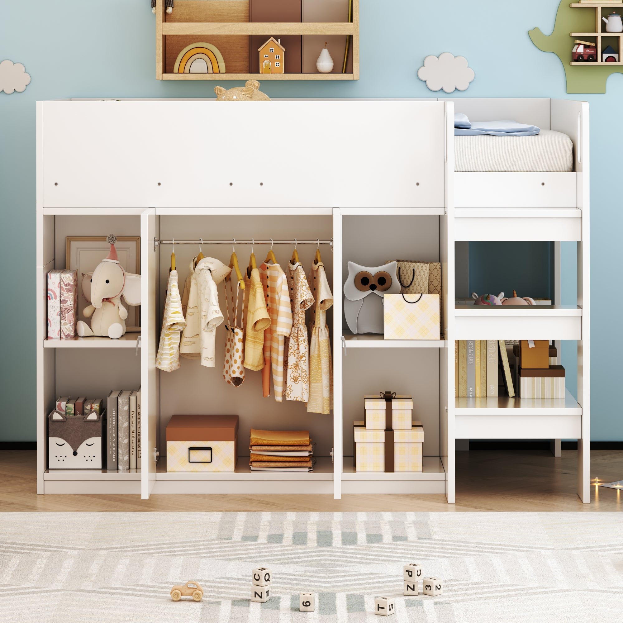 Loft Bed 90*200, Storage, Wardrobe, Shelves, Ladder, White