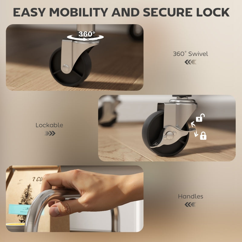 4 Tier Kitchen Storage Trolley Adjustable Shelves Stainless Steel, Silver