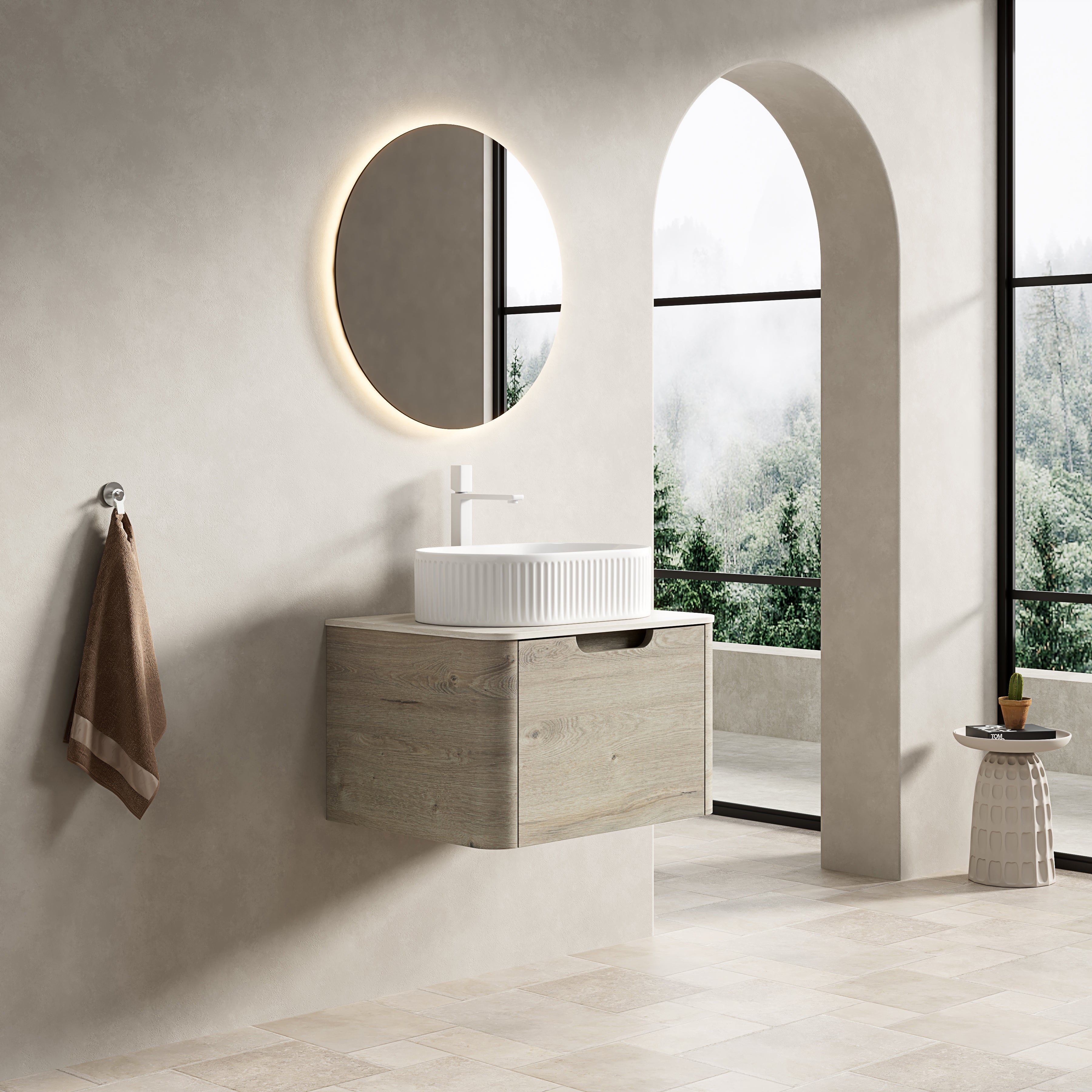 Floating Bathroom Vanity Unit with Oval Sink and Sintered Stone Top, Oak Cream Wood Grain