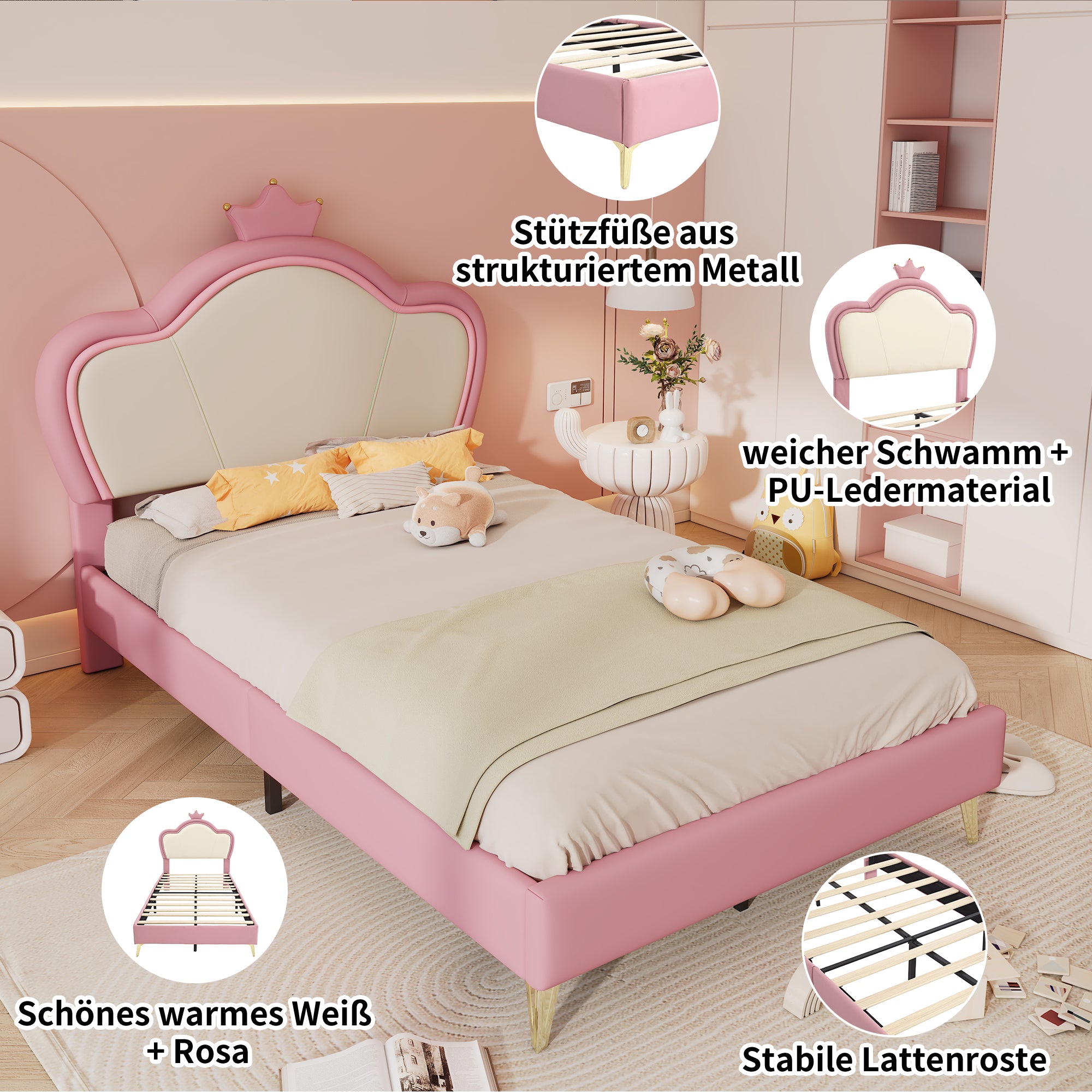 Kids Upholstered Single Bed – Crown Headboard, Pink & White PU