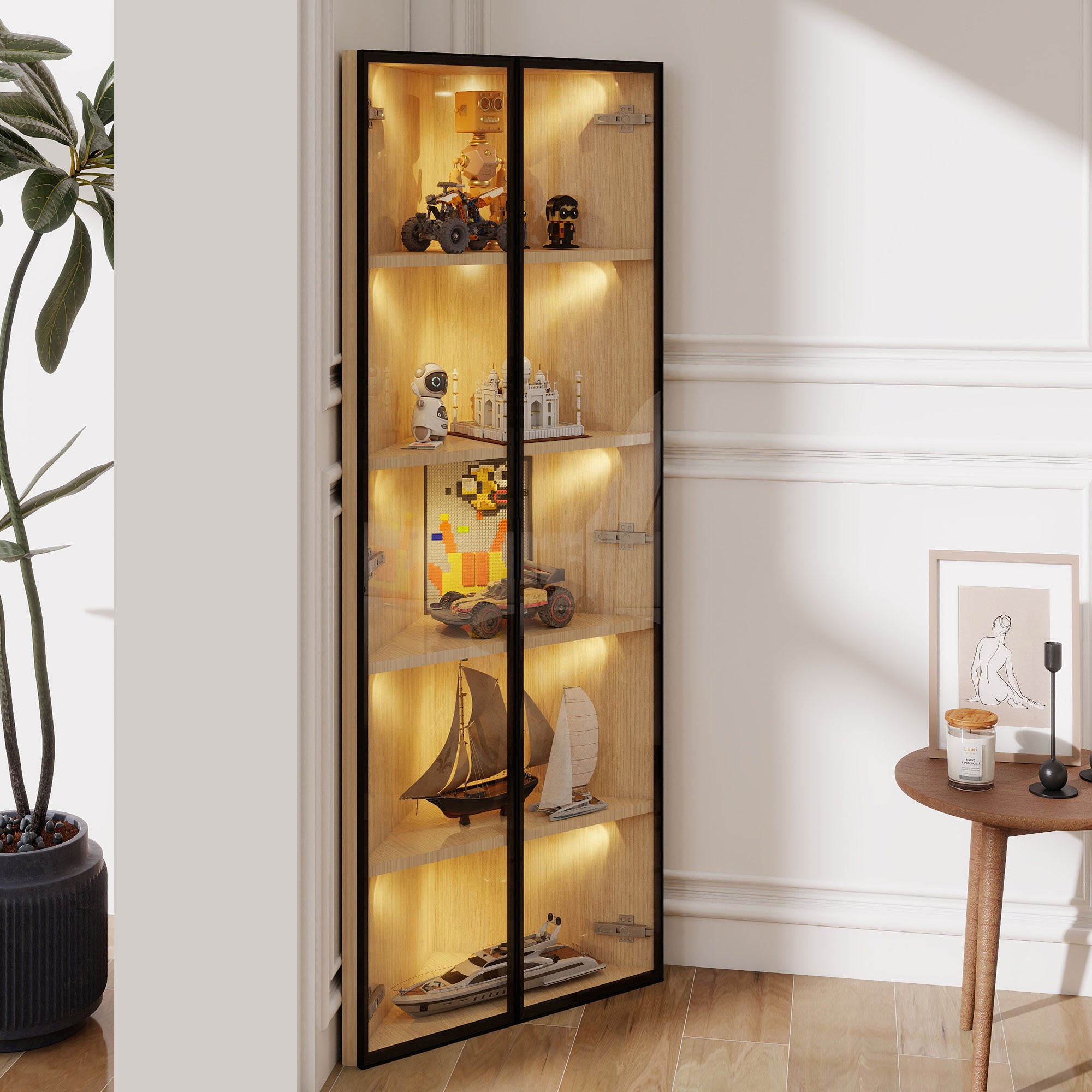 LED Glass Display Case 62x35x160cm Corner Cabinet with Light Strip, Tempered Glass, Oak