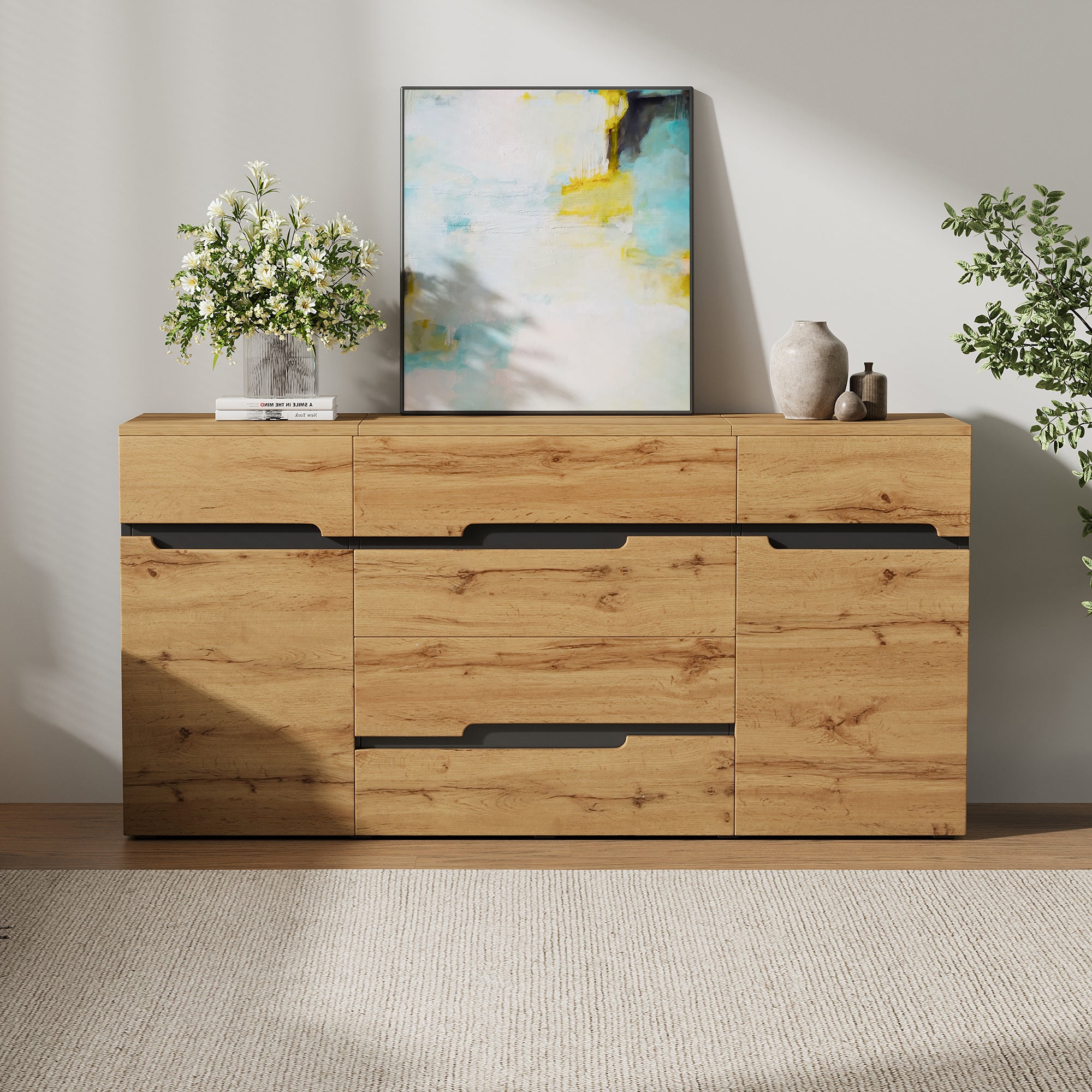 Sideboard Cabinet with 2 Doors, 4 Drawers, Handleless, Wood Color + Black