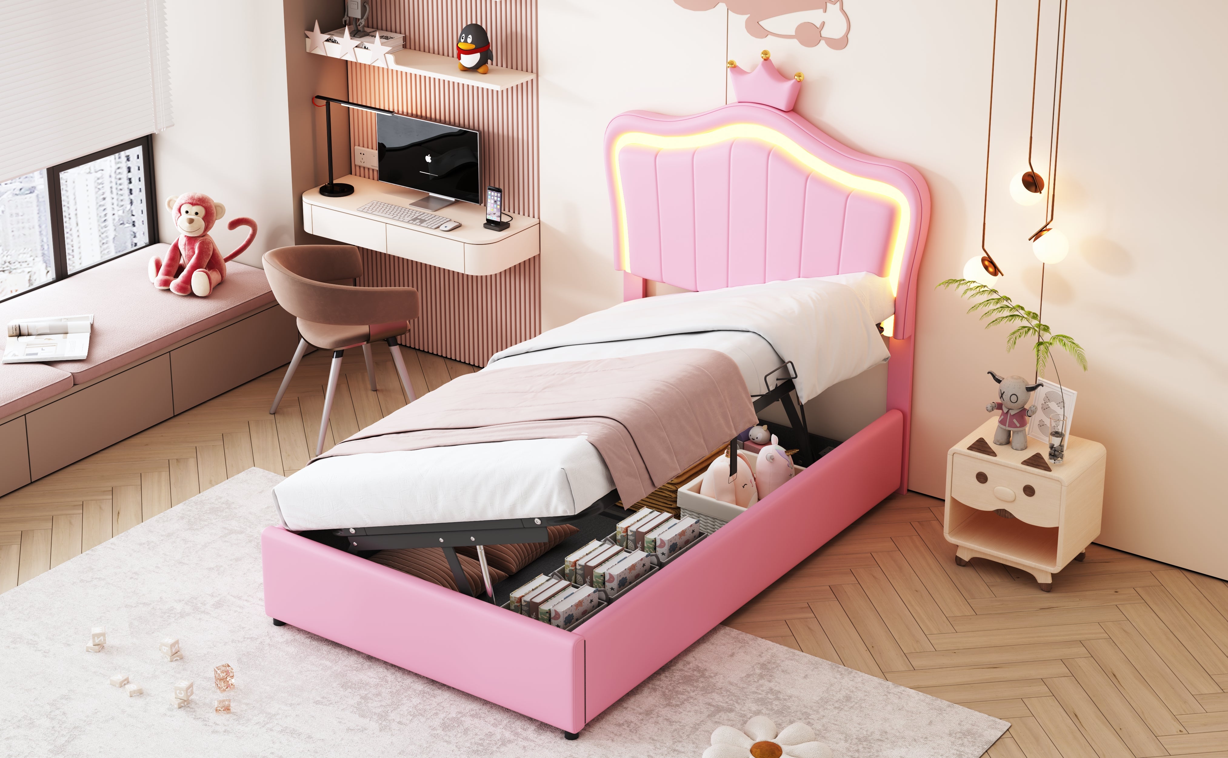Children's Bed, Crown Design LED Hydraulic Storage, Faux Leather Pink