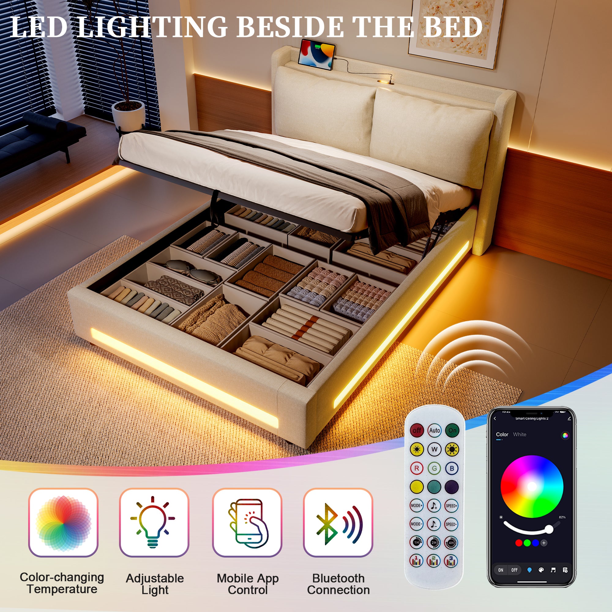 Modern Upholstered Bed with Storage, USB-C, LED, Hydraulic Lift, Velvet