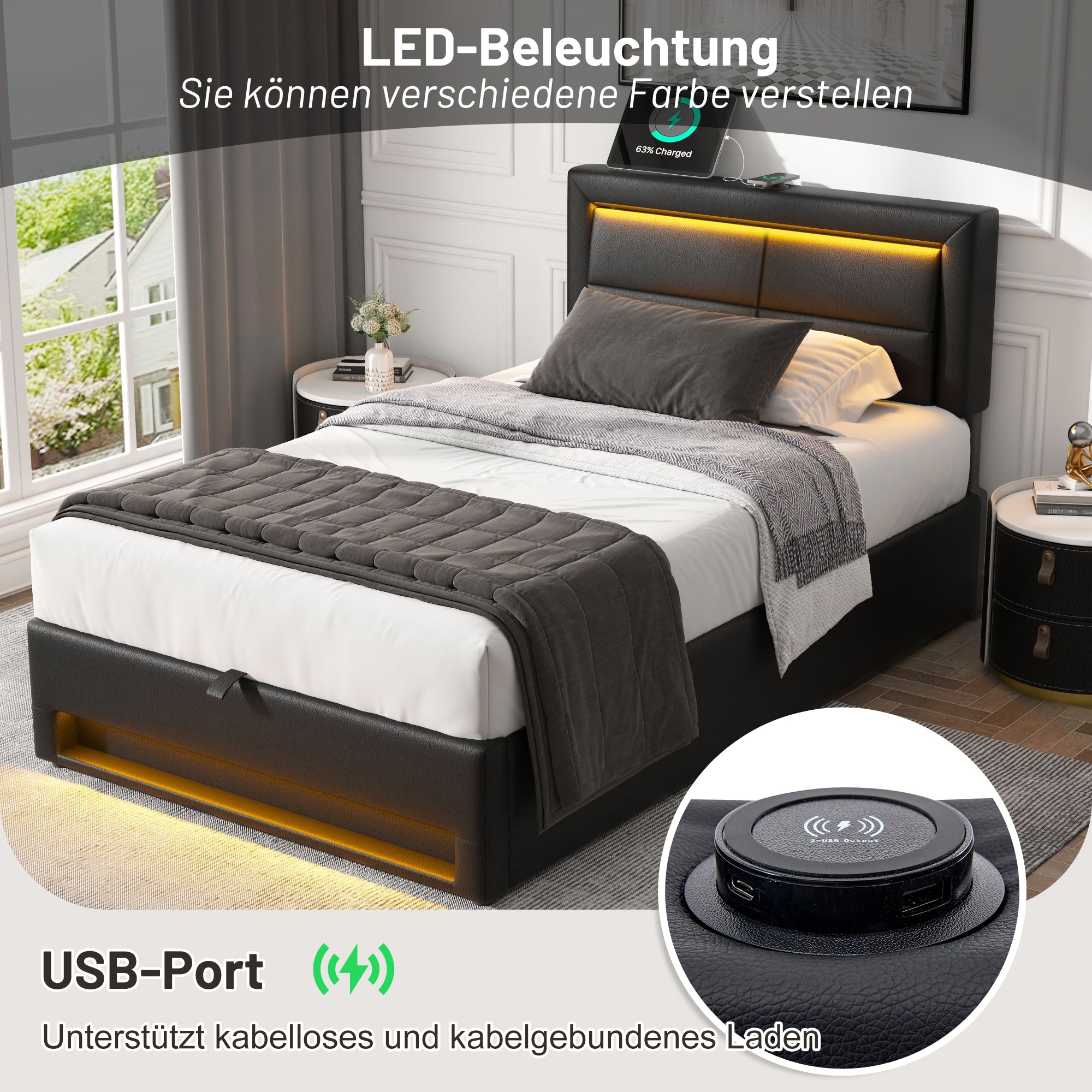 Upholstered Bed 90x200cm USB Charging LED Storage - Black PU Lychee