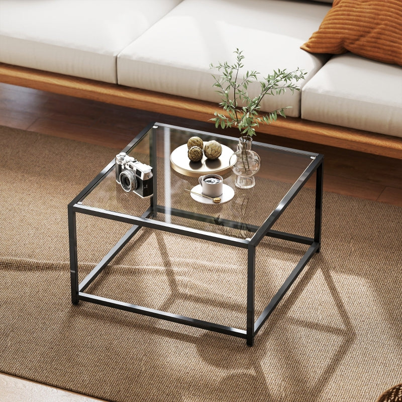 Square Side Table/Nightstand, Tempered Glass Top, Steel Legs, Black