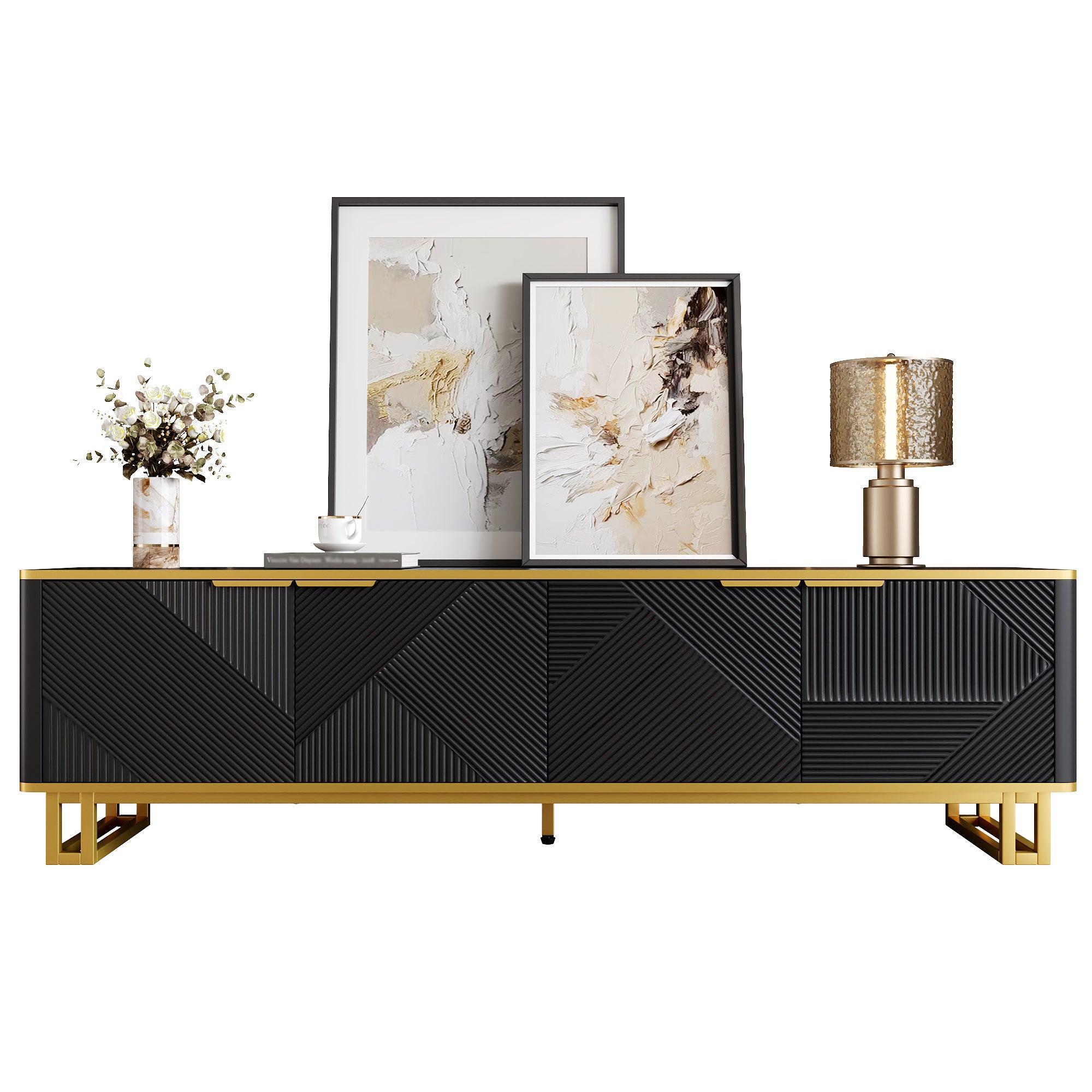 TV Cabinet, Low Stand with 4 Doors & Geometric Texture, Black MDF